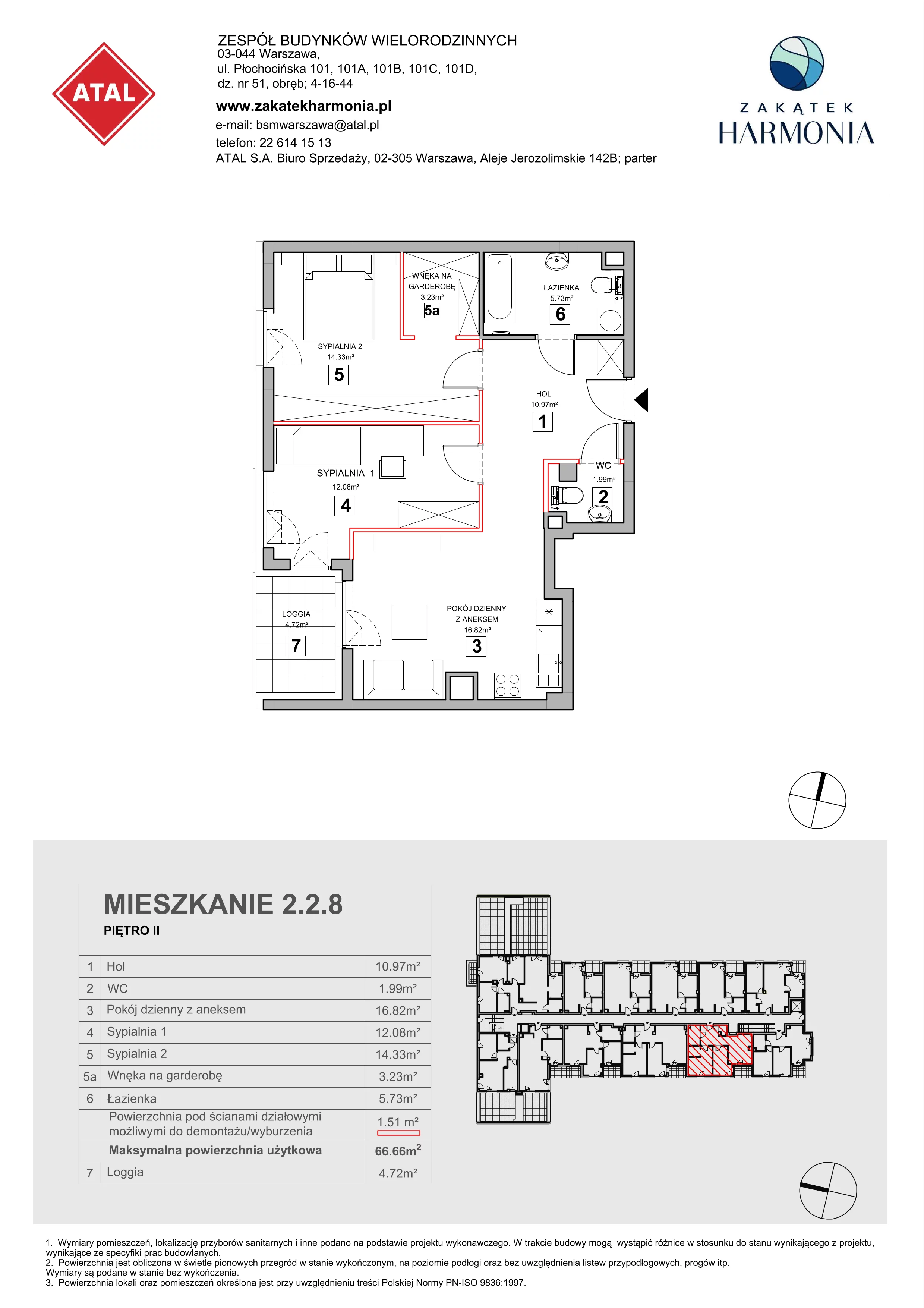 3 pokoje, mieszkanie 66,66 m², piętro 2, oferta nr 2.2.8, Zakątek Harmonia III, Warszawa, Białołęka, Szamocin, ul. Płochocińska