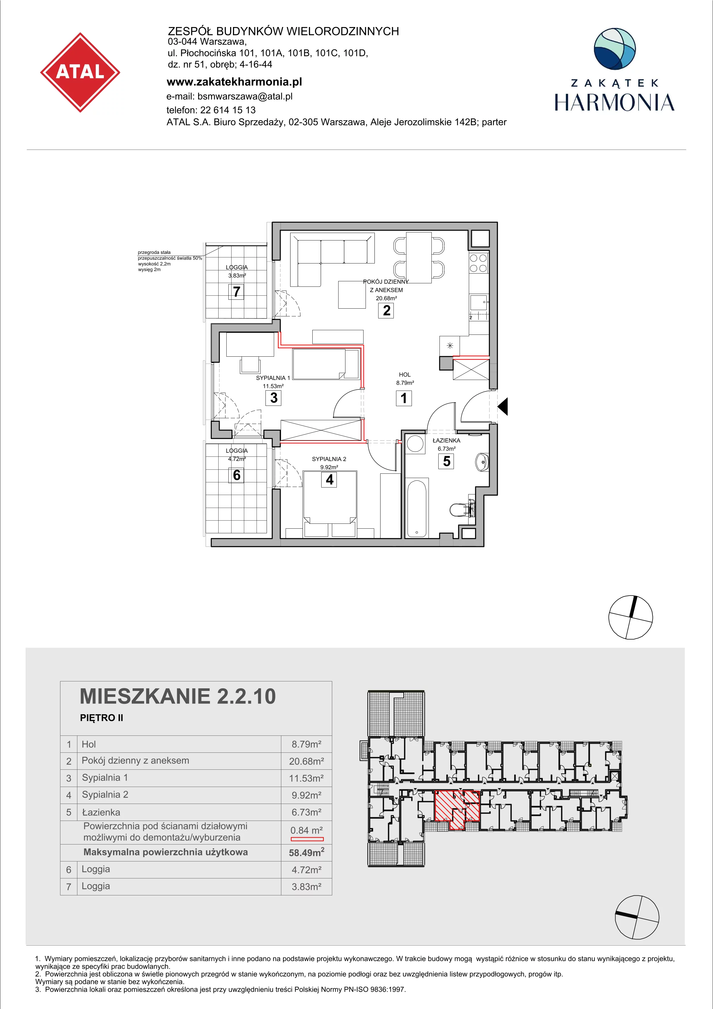 3 pokoje, mieszkanie 58,49 m², piętro 2, oferta nr 2.2.10, Zakątek Harmonia III, Warszawa, Białołęka, Szamocin, ul. Płochocińska