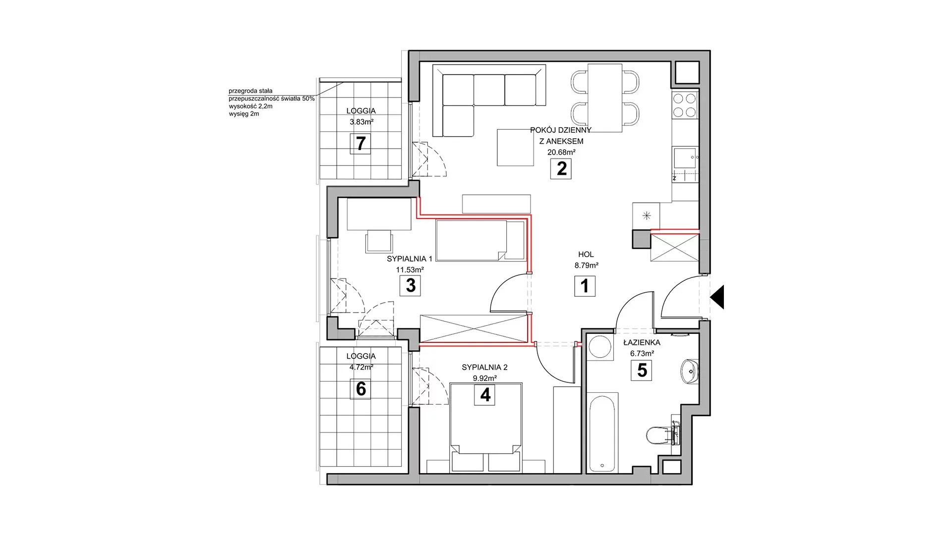 3 pokoje, mieszkanie 58,49 m², piętro 2, oferta nr 2.2.10, Zakątek Harmonia III, Warszawa, Białołęka, Szamocin, ul. Płochocińska