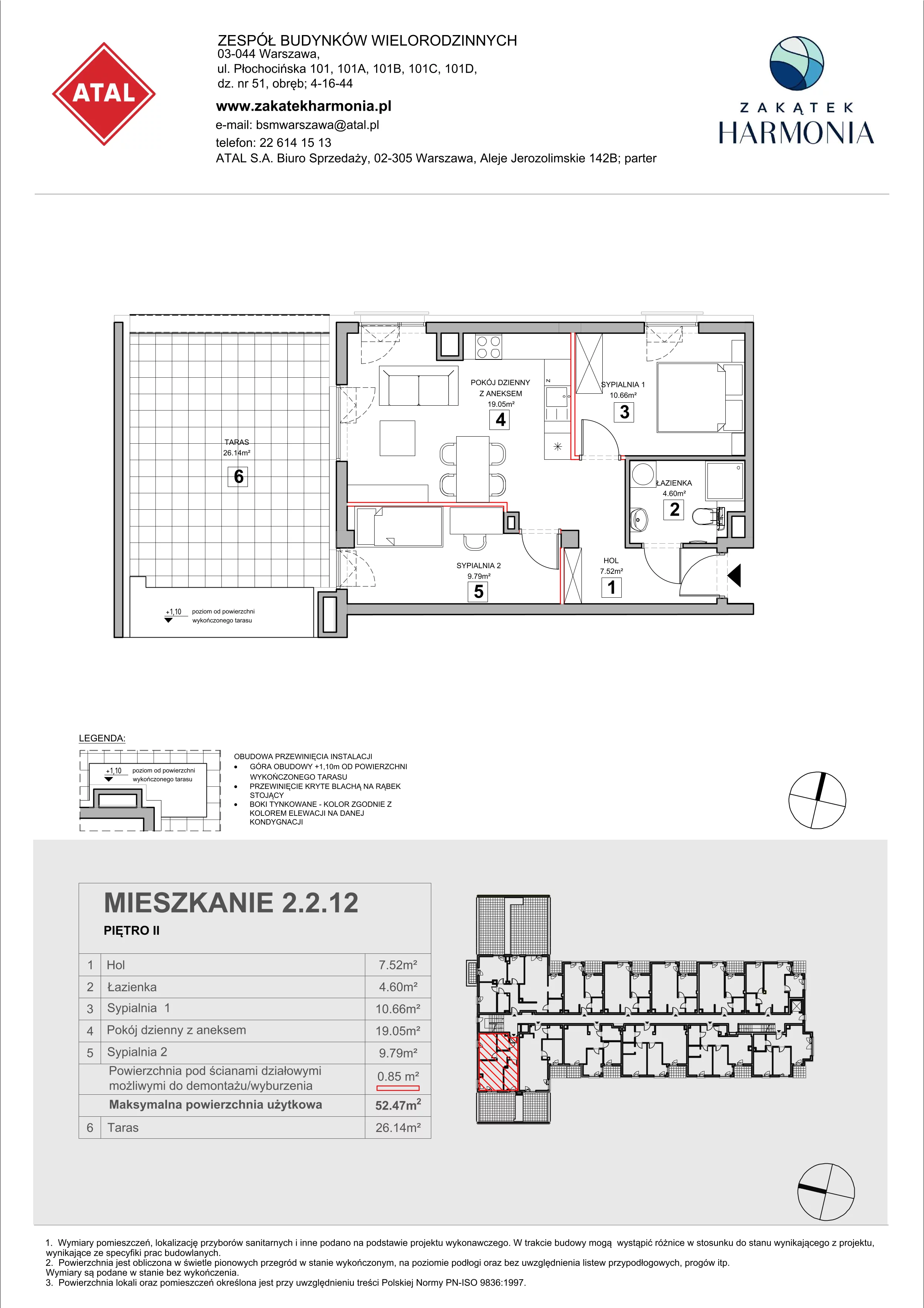 3 pokoje, mieszkanie 52,47 m², piętro 2, oferta nr 2.2.12, Zakątek Harmonia III, Warszawa, Białołęka, Szamocin, ul. Płochocińska