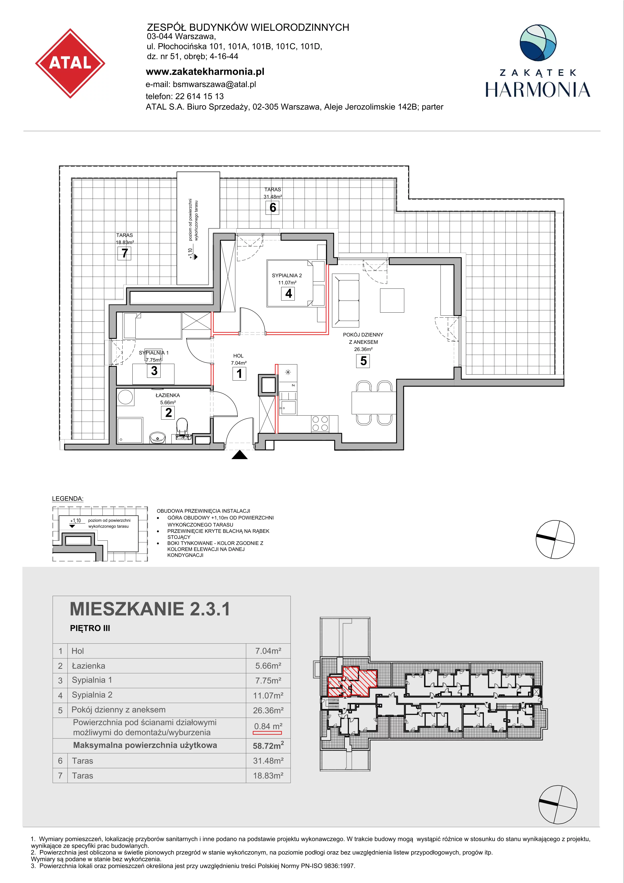 3 pokoje, mieszkanie 58,72 m², piętro 3, oferta nr 2.3.1, Zakątek Harmonia III, Warszawa, Białołęka, Szamocin, ul. Płochocińska