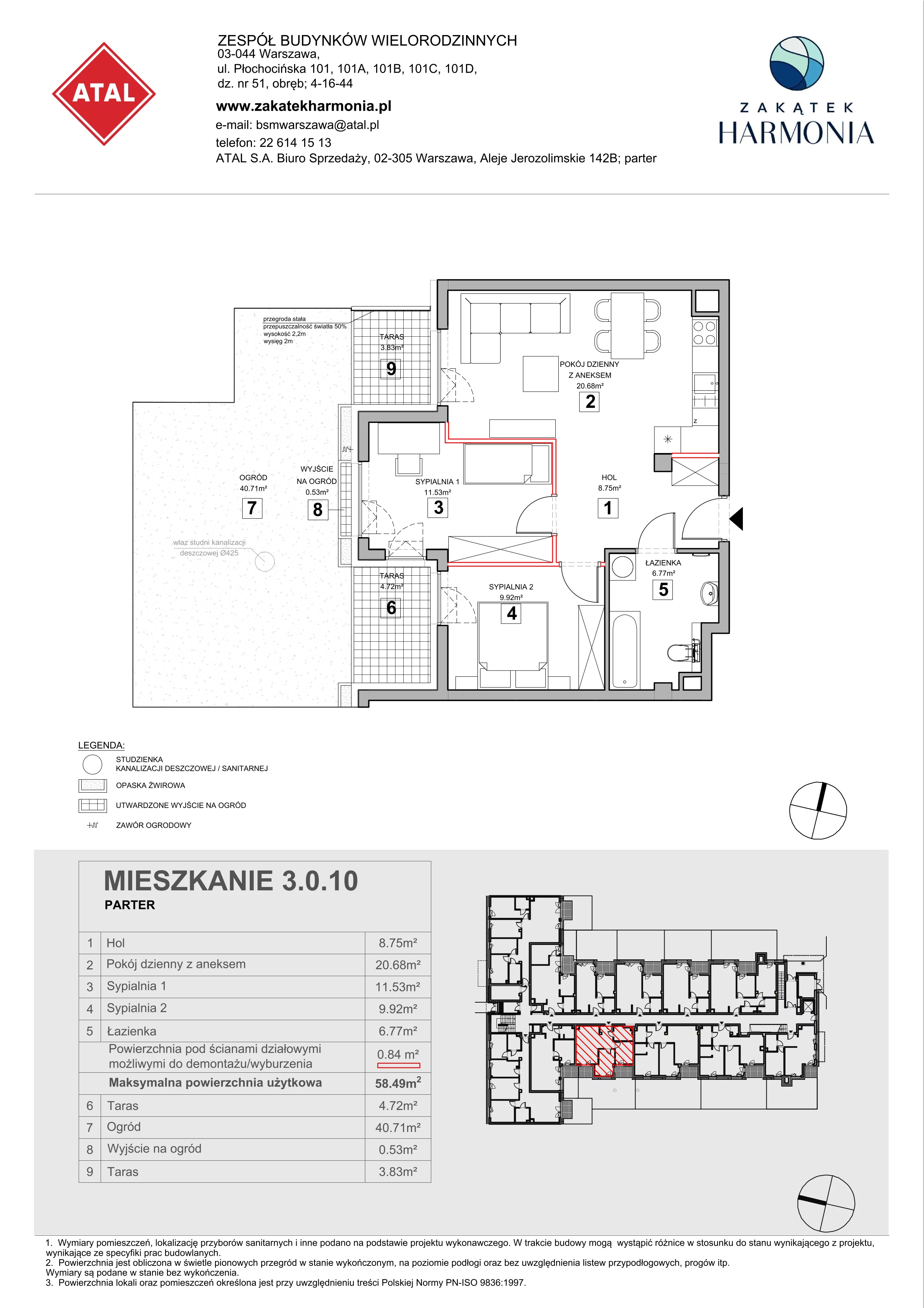 3 pokoje, mieszkanie 58,49 m², parter, oferta nr 3.0.10, Zakątek Harmonia III, Warszawa, Białołęka, Szamocin, ul. Płochocińska
