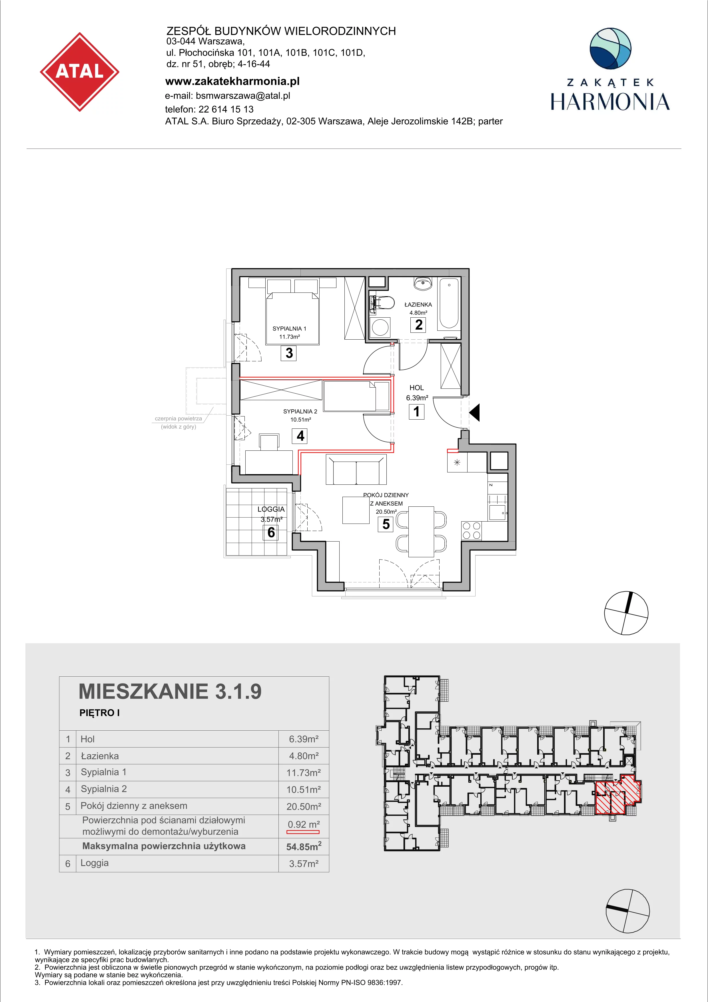 3 pokoje, mieszkanie 54,85 m², piętro 1, oferta nr 3.1.9, Zakątek Harmonia III, Warszawa, Białołęka, Szamocin, ul. Płochocińska