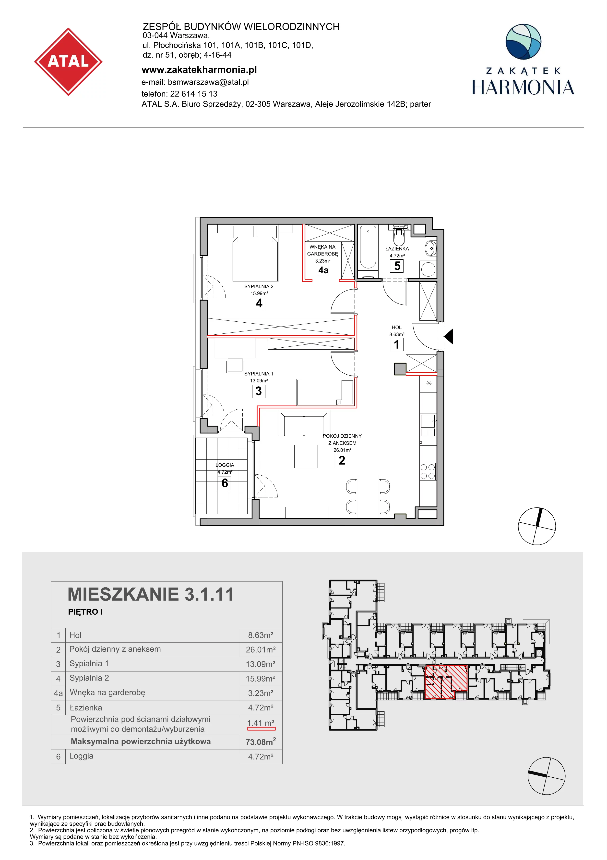 3 pokoje, mieszkanie 73,08 m², piętro 1, oferta nr 3.1.11, Zakątek Harmonia III, Warszawa, Białołęka, Szamocin, ul. Płochocińska