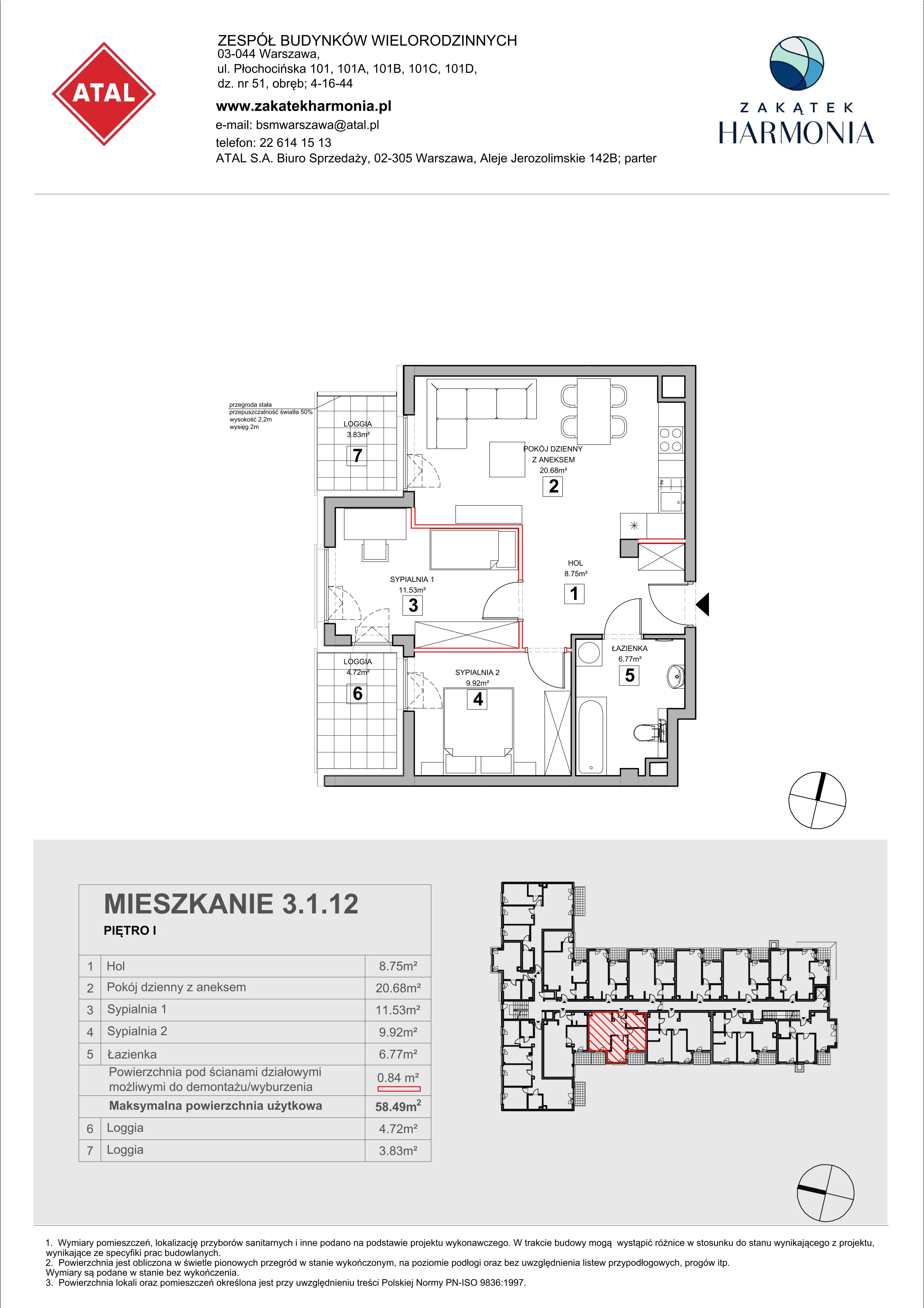 3 pokoje, mieszkanie 58,49 m², piętro 1, oferta nr 3.1.12, Zakątek Harmonia III, Warszawa, Białołęka, Szamocin, ul. Płochocińska
