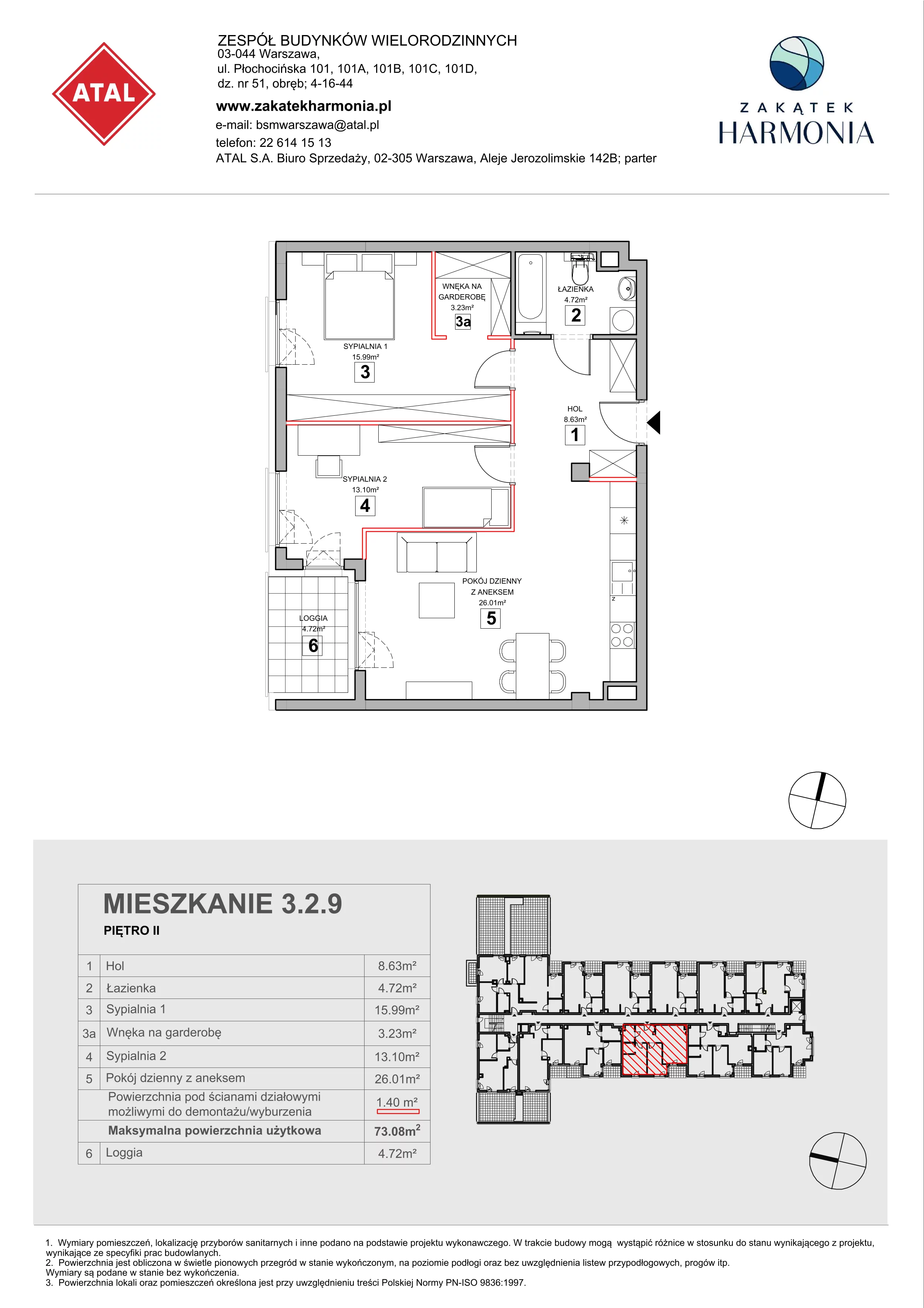 3 pokoje, mieszkanie 73,08 m², piętro 2, oferta nr 3.2.9, Zakątek Harmonia III, Warszawa, Białołęka, Szamocin, ul. Płochocińska