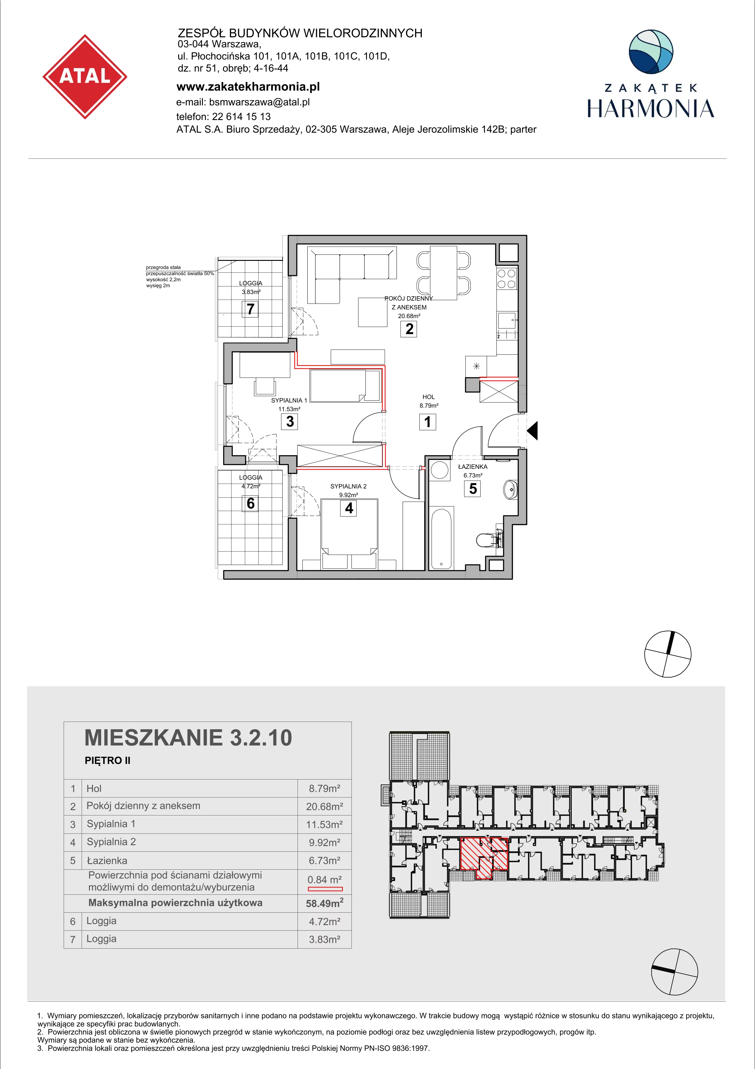 3 pokoje, mieszkanie 58,49 m², piętro 2, oferta nr 3.2.10, Zakątek Harmonia III, Warszawa, Białołęka, Szamocin, ul. Płochocińska