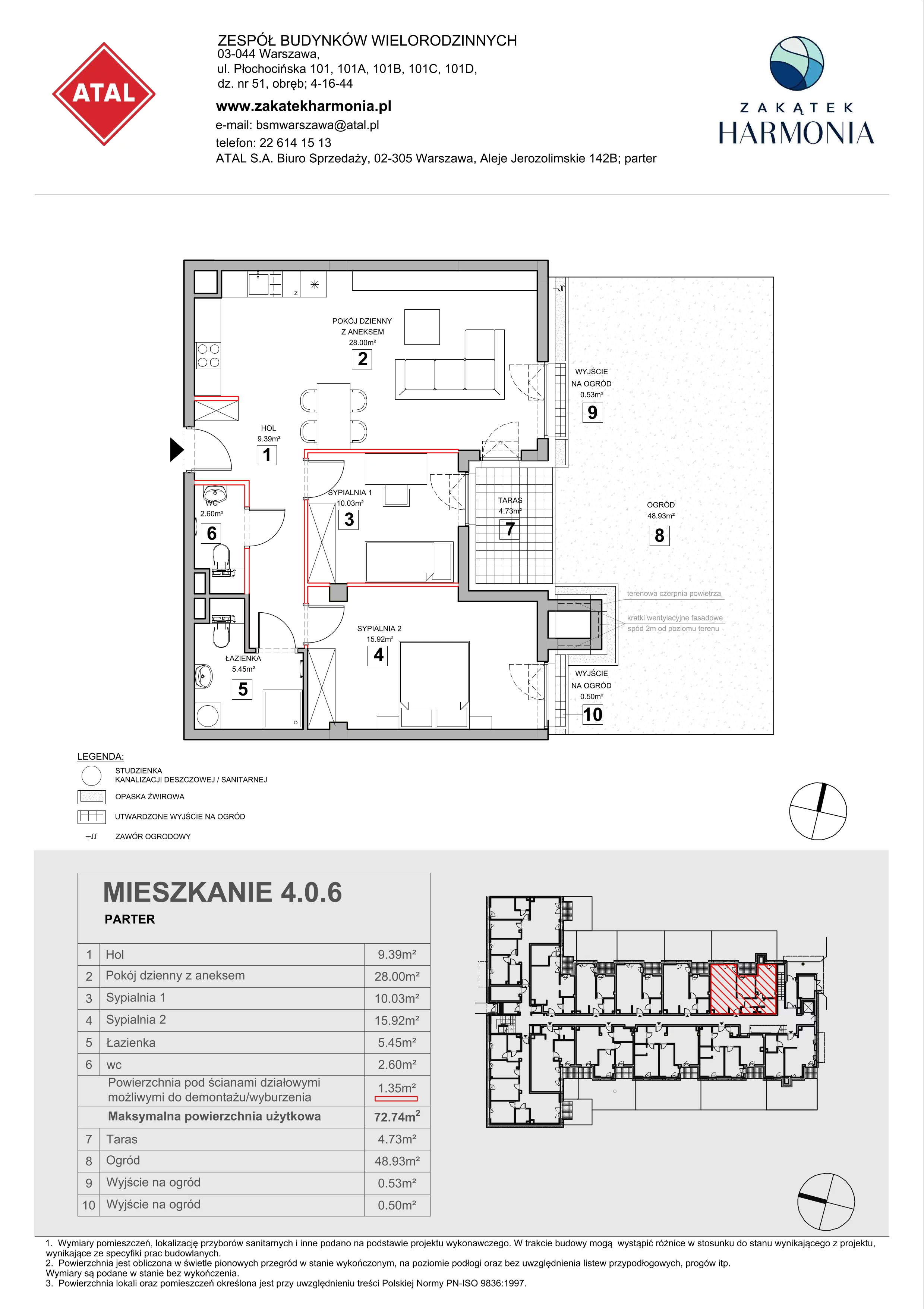3 pokoje, mieszkanie 72,74 m², parter, oferta nr 4.0.6, Zakątek Harmonia III, Warszawa, Białołęka, Szamocin, ul. Płochocińska