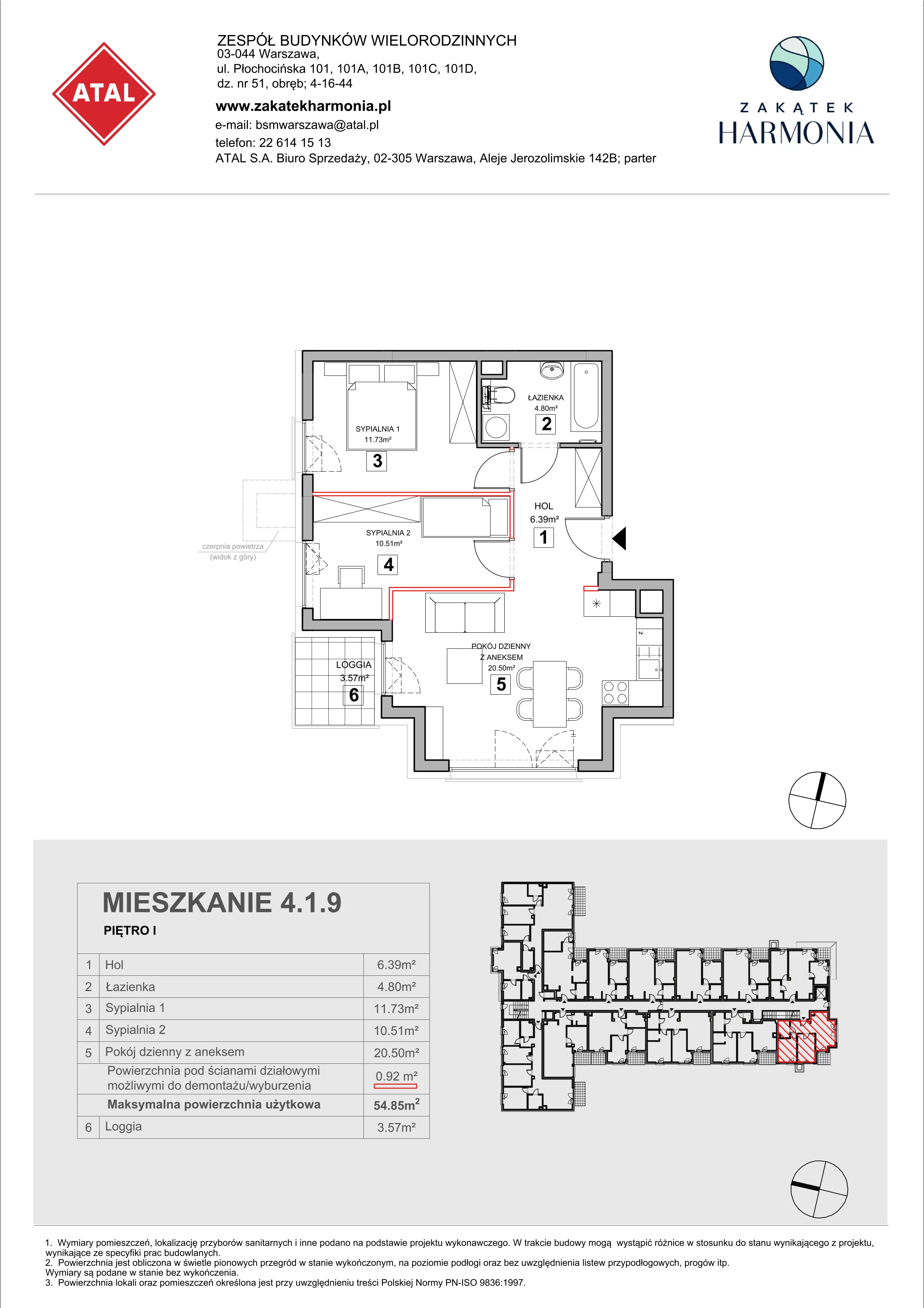 3 pokoje, mieszkanie 54,85 m², piętro 1, oferta nr 4.1.9, Zakątek Harmonia III, Warszawa, Białołęka, Szamocin, ul. Płochocińska