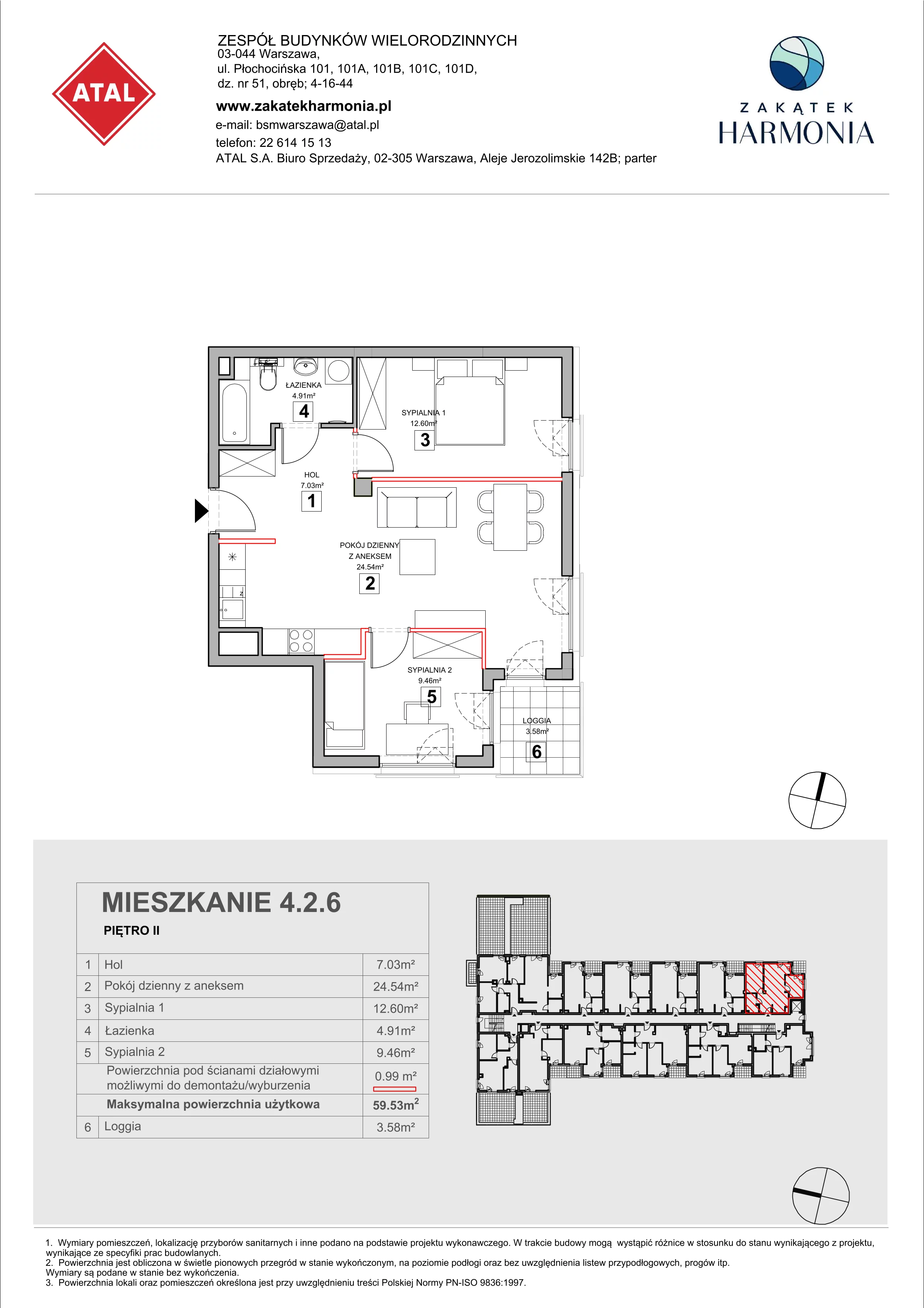 3 pokoje, mieszkanie 59,53 m², piętro 2, oferta nr 4.2.6, Zakątek Harmonia III, Warszawa, Białołęka, Szamocin, ul. Płochocińska