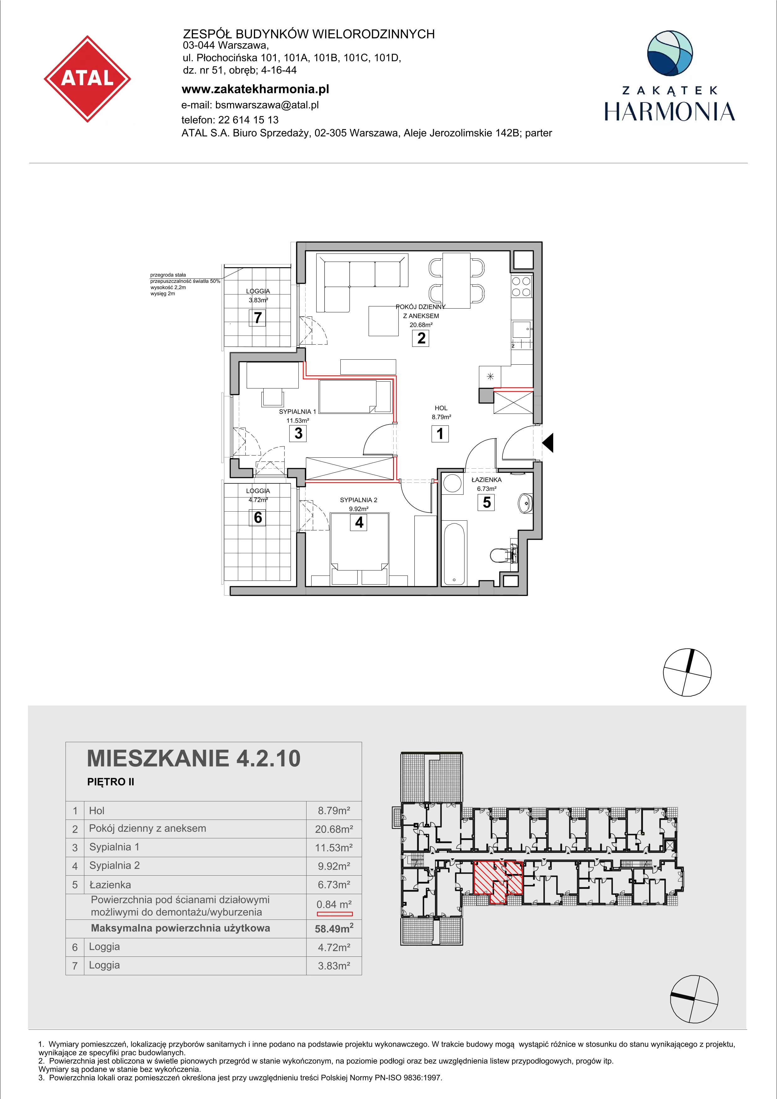 3 pokoje, mieszkanie 58,49 m², piętro 2, oferta nr 4.2.10, Zakątek Harmonia III, Warszawa, Białołęka, Szamocin, ul. Płochocińska