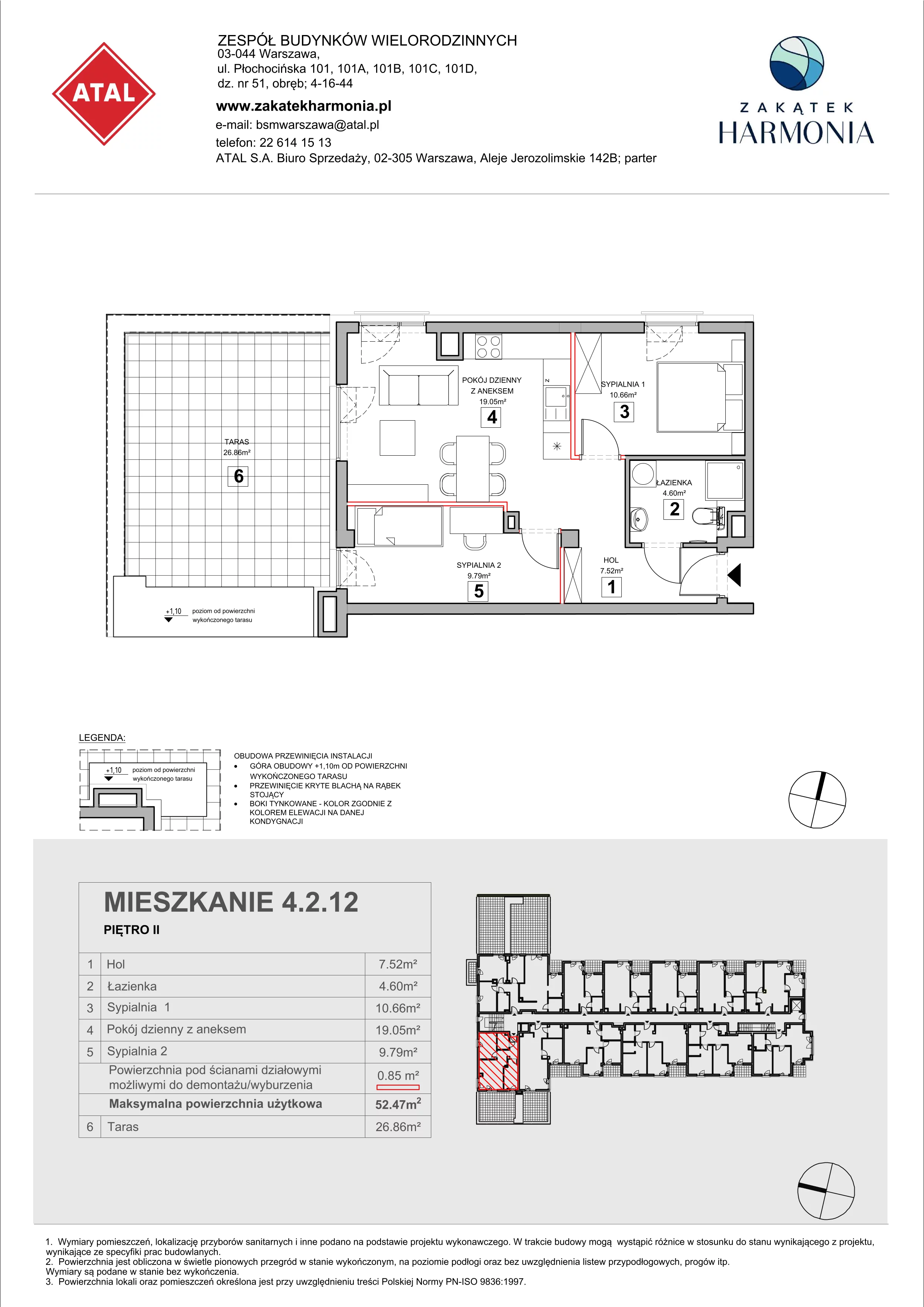 3 pokoje, mieszkanie 52,47 m², piętro 2, oferta nr 4.2.12, Zakątek Harmonia III, Warszawa, Białołęka, Szamocin, ul. Płochocińska