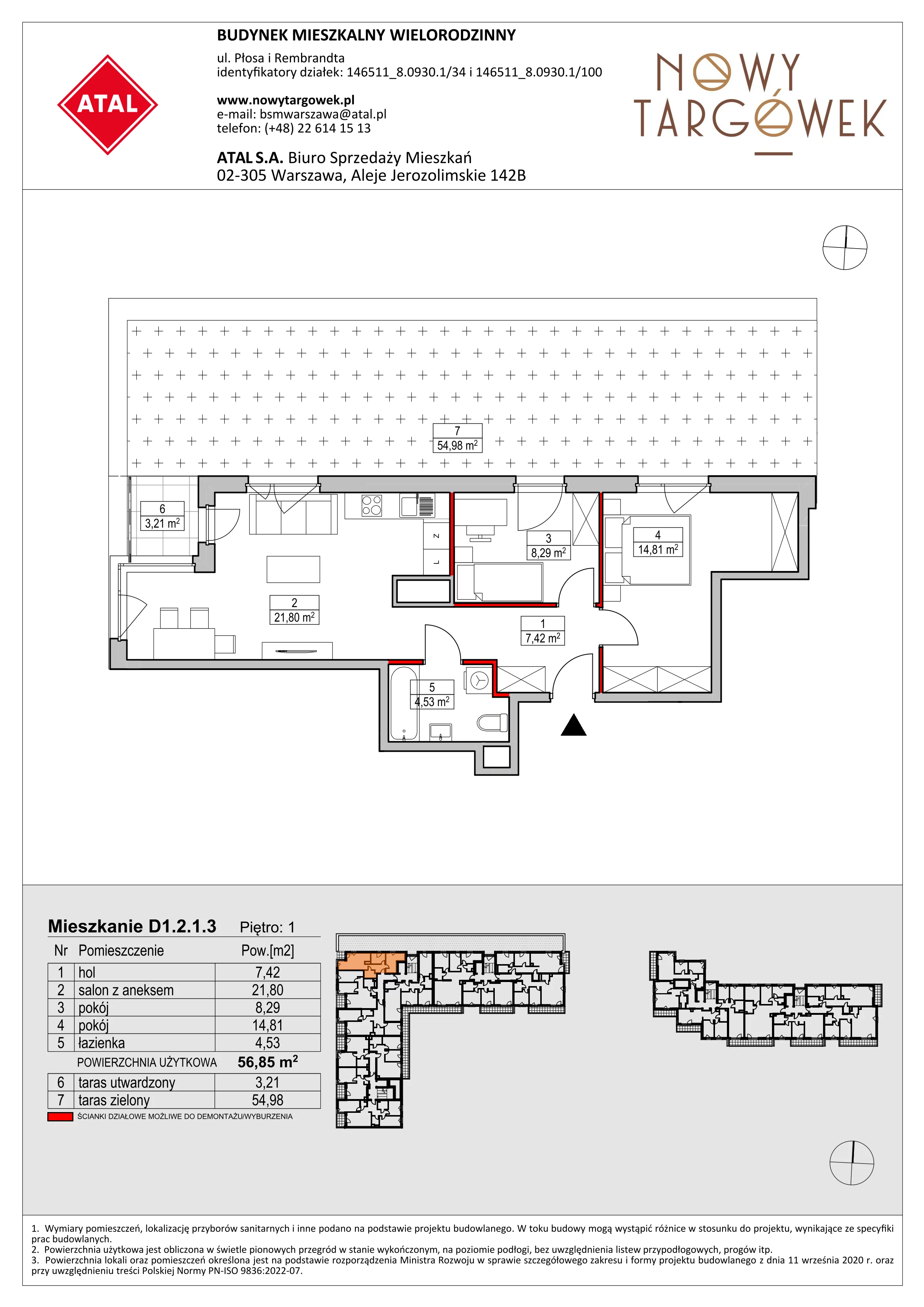 Mieszkanie 56,85 m², piętro 1, oferta nr D1.2.1.3, Nowy Targówek VI, Warszawa, Targówek, Targówek Mieszkaniowy, ul. Płosa 8