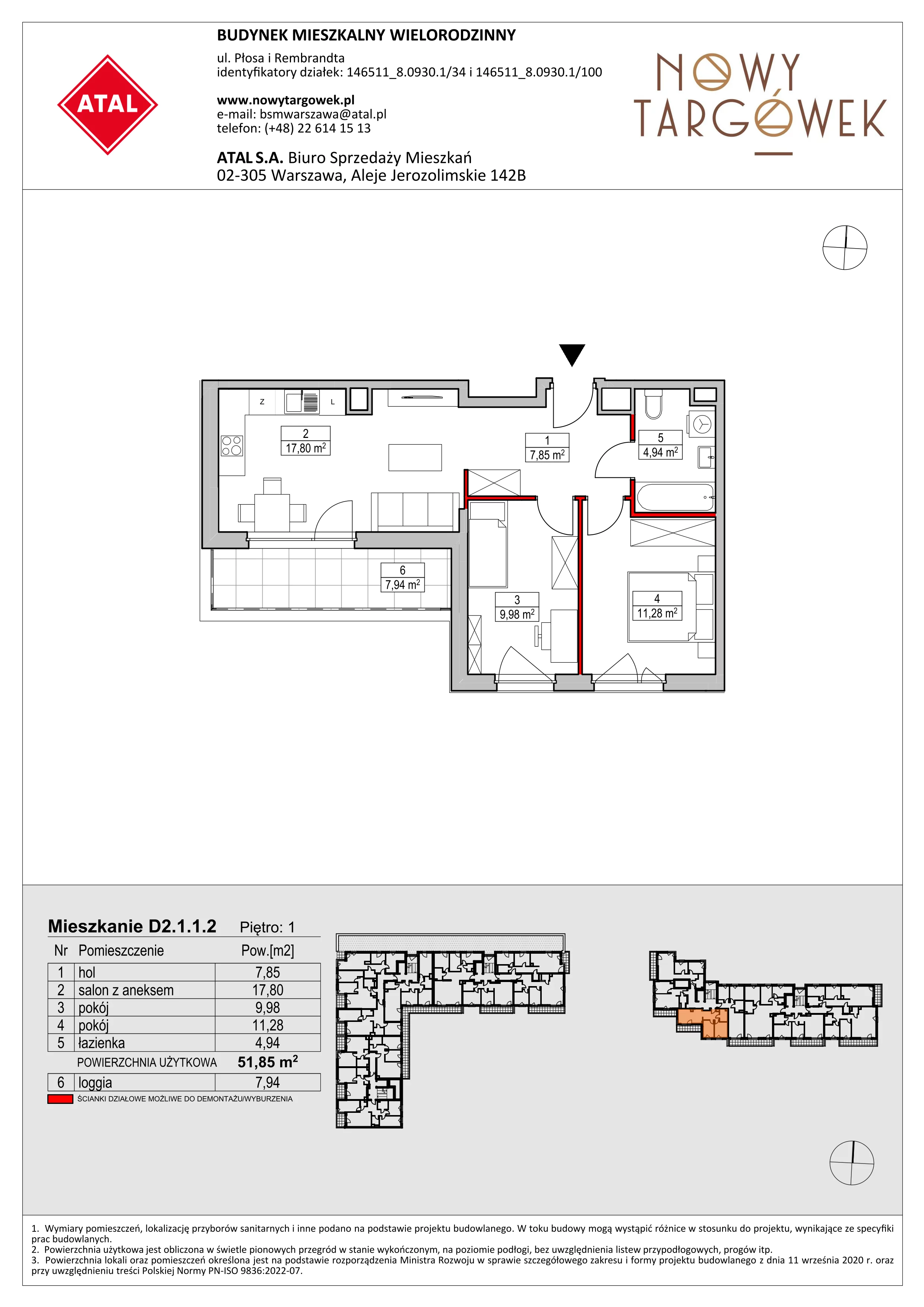 Mieszkanie 51,85 m², piętro 1, oferta nr D2.1.1.2, Nowy Targówek VI, Warszawa, Targówek, Targówek Mieszkaniowy, ul. Płosa 8