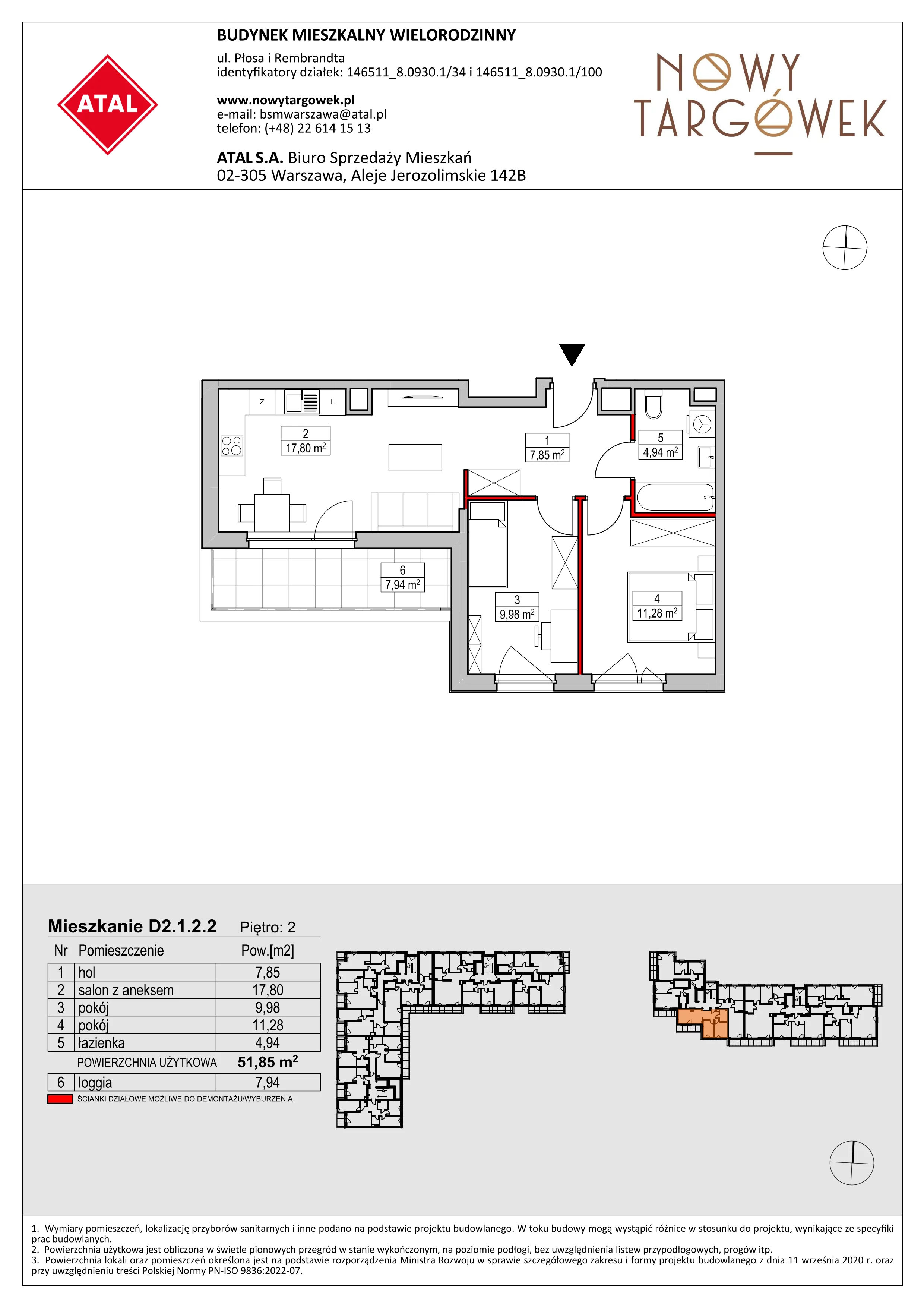 Mieszkanie 51,85 m², piętro 2, oferta nr D2.1.2.2, Nowy Targówek VI, Warszawa, Targówek, Targówek Mieszkaniowy, ul. Płosa 8