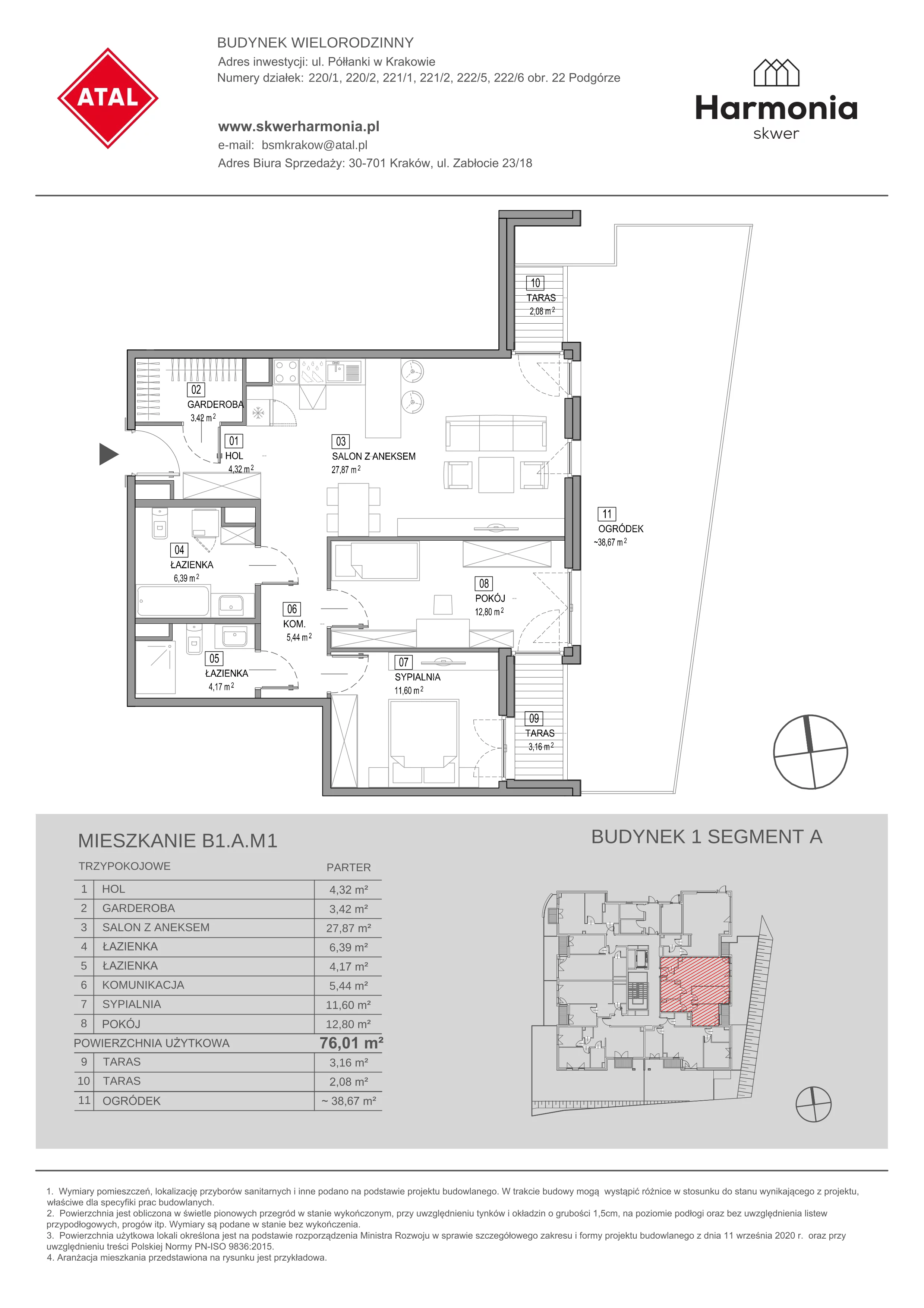 Mieszkanie 75,84 m², parter, oferta nr B1.A.M1, Skwer Harmonia, Kraków, Podgórze, Rybitwy, ul. Półłanki