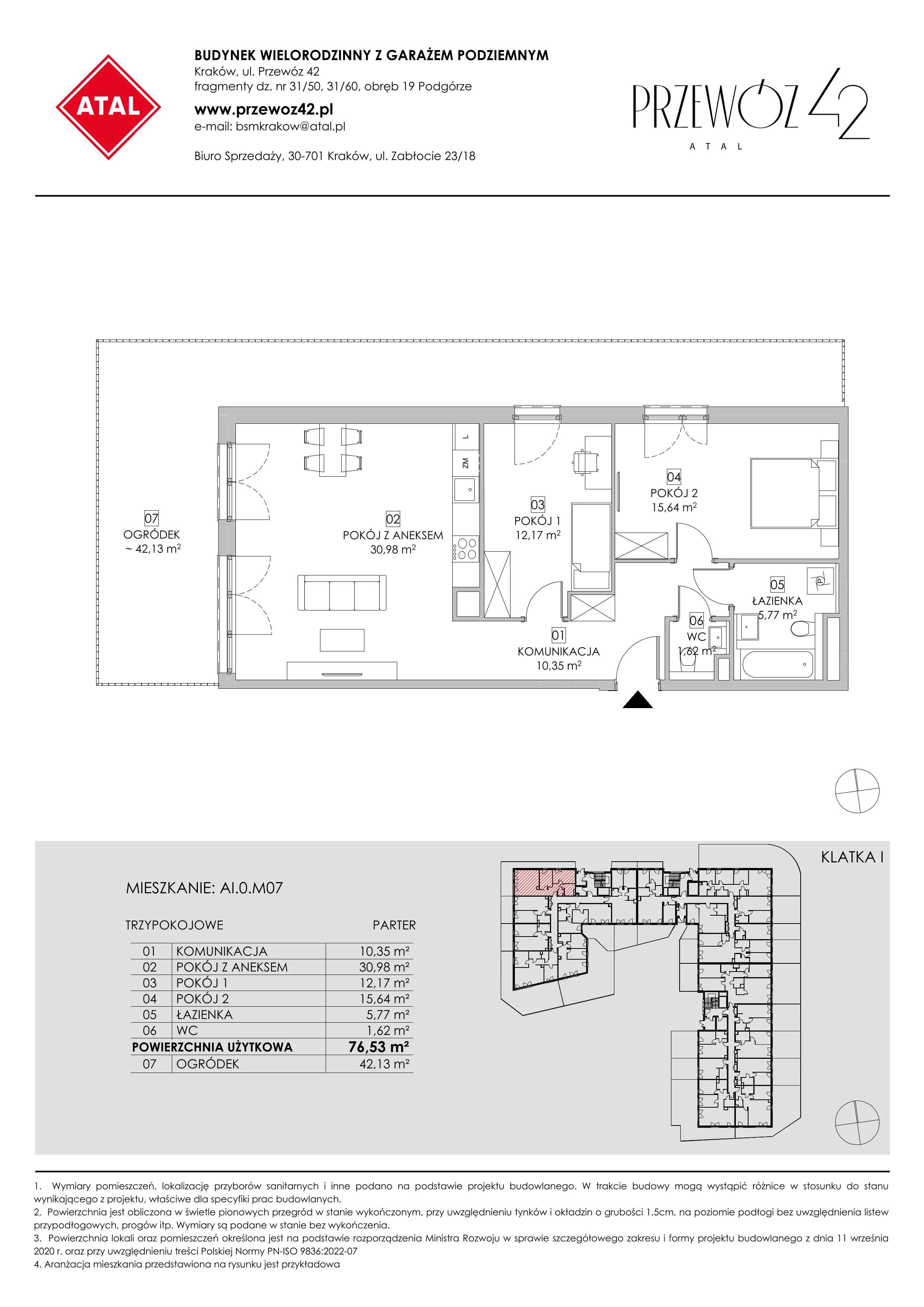 Mieszkanie 76,53 m², parter, oferta nr AI.0.M07, Przewóz 42 ATAL, Kraków, Podgórze, Płaszów, ul. Przewóz 42