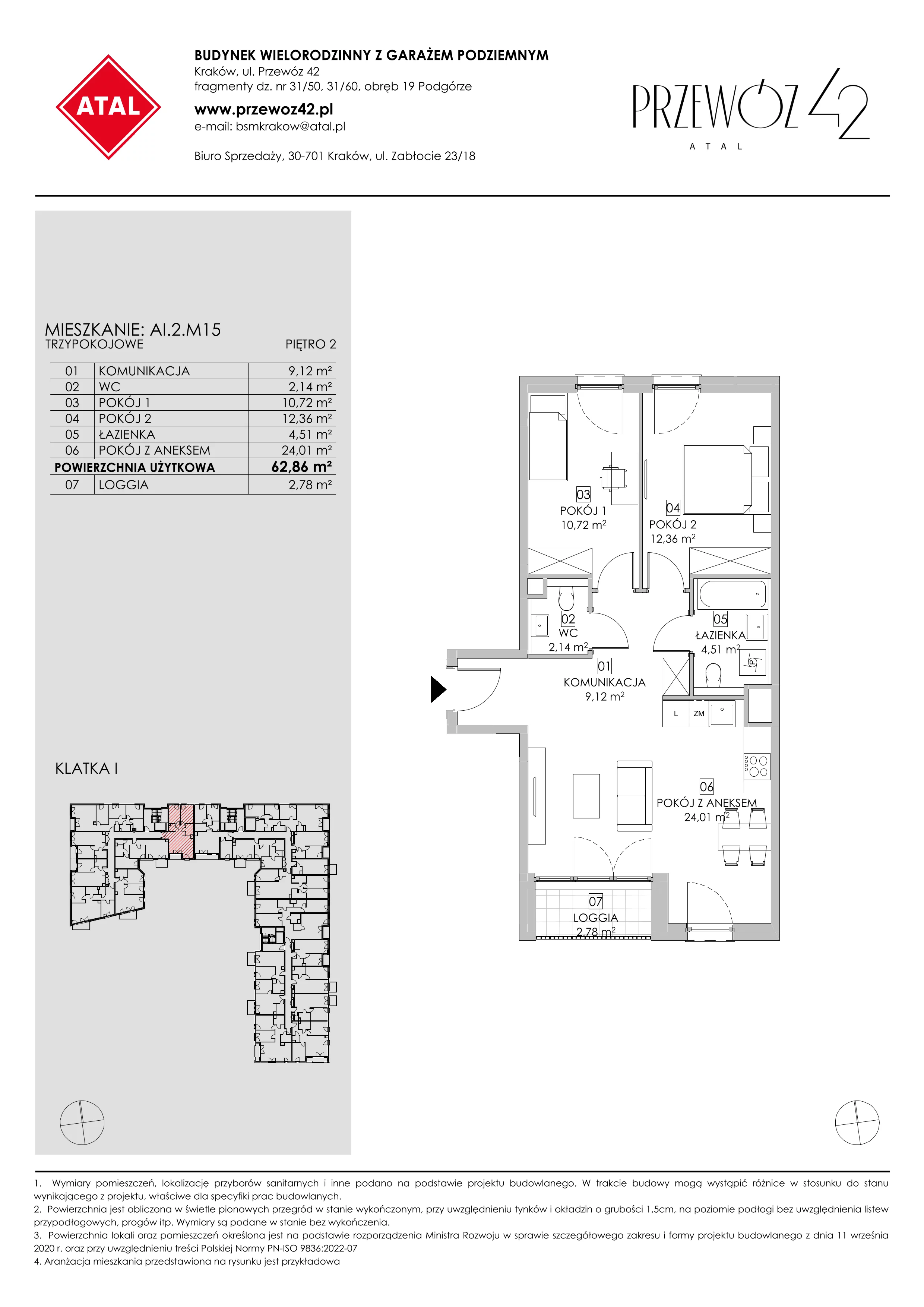 Mieszkanie 62,86 m², piętro 2, oferta nr AI.2.M15, Przewóz 42 ATAL, Kraków, Podgórze, Płaszów, ul. Przewóz 42