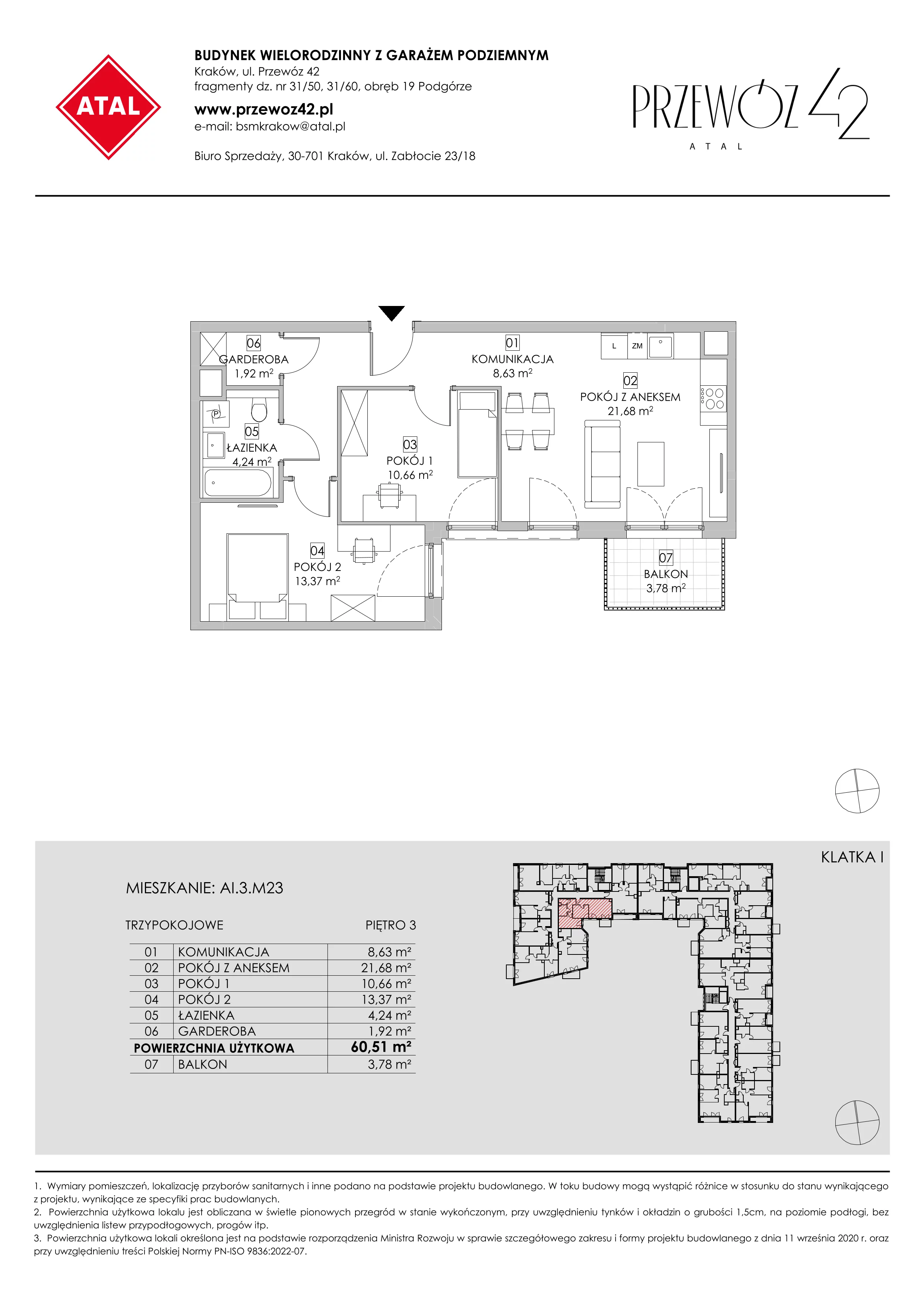 Mieszkanie 60,51 m², piętro 3, oferta nr AI.3.M23, Przewóz 42 ATAL, Kraków, Podgórze, Płaszów, ul. Przewóz 42