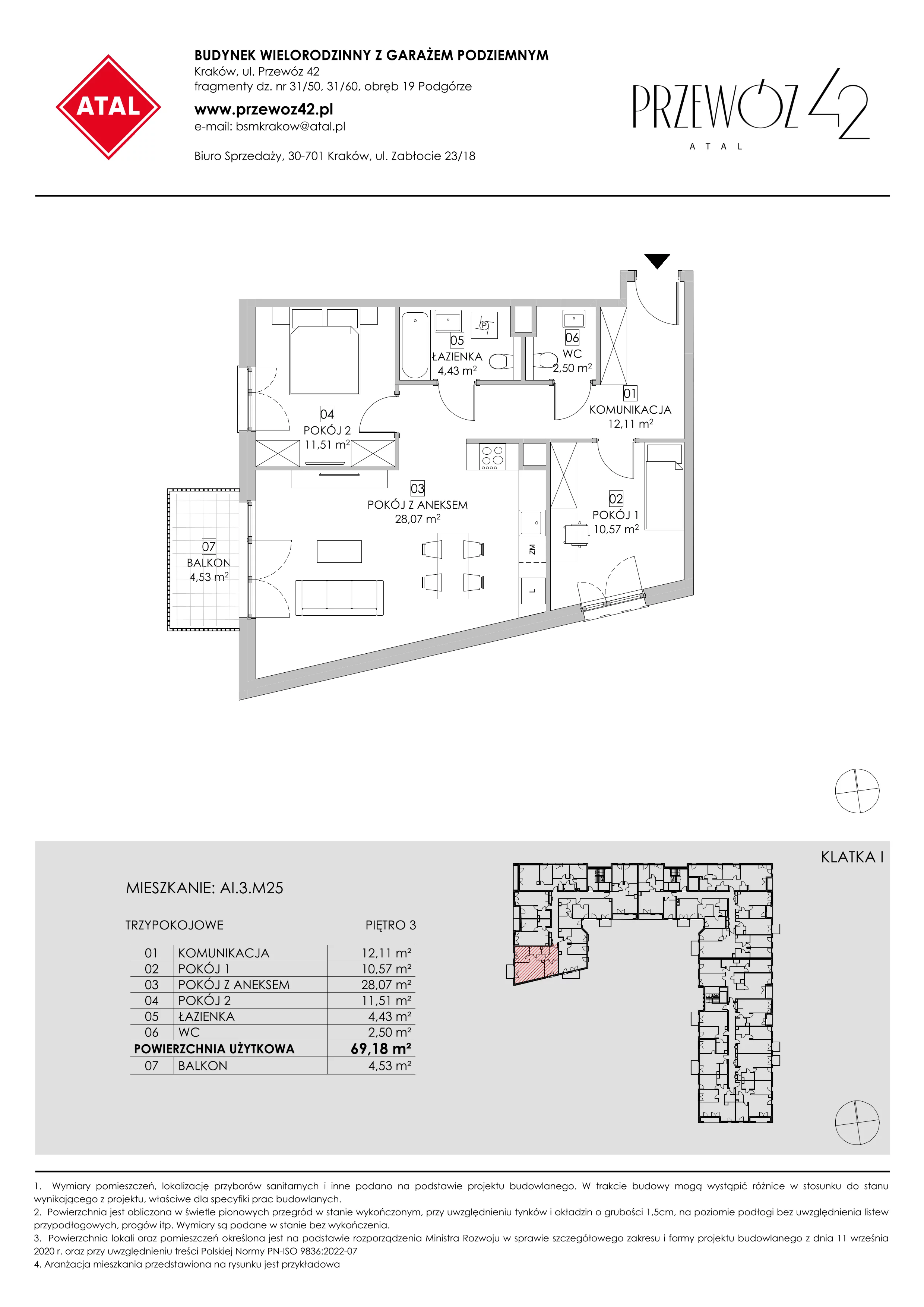 Mieszkanie 69,18 m², piętro 3, oferta nr AI.3.M25, Przewóz 42 ATAL, Kraków, Podgórze, Płaszów, ul. Przewóz 42