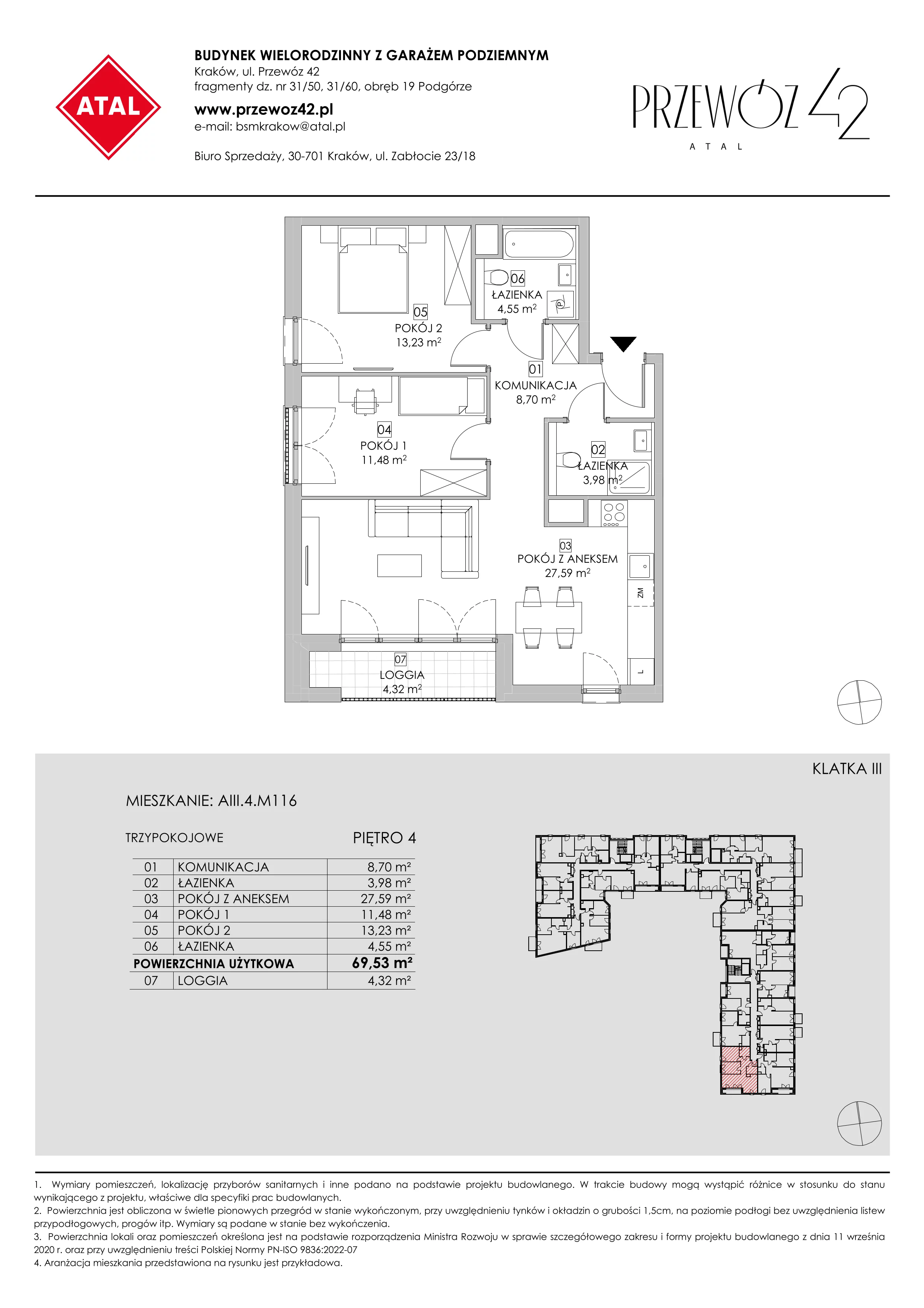 Mieszkanie 69,53 m², piętro 4, oferta nr AIII.4.M116, Przewóz 42 ATAL, Kraków, Podgórze, Płaszów, ul. Przewóz 42