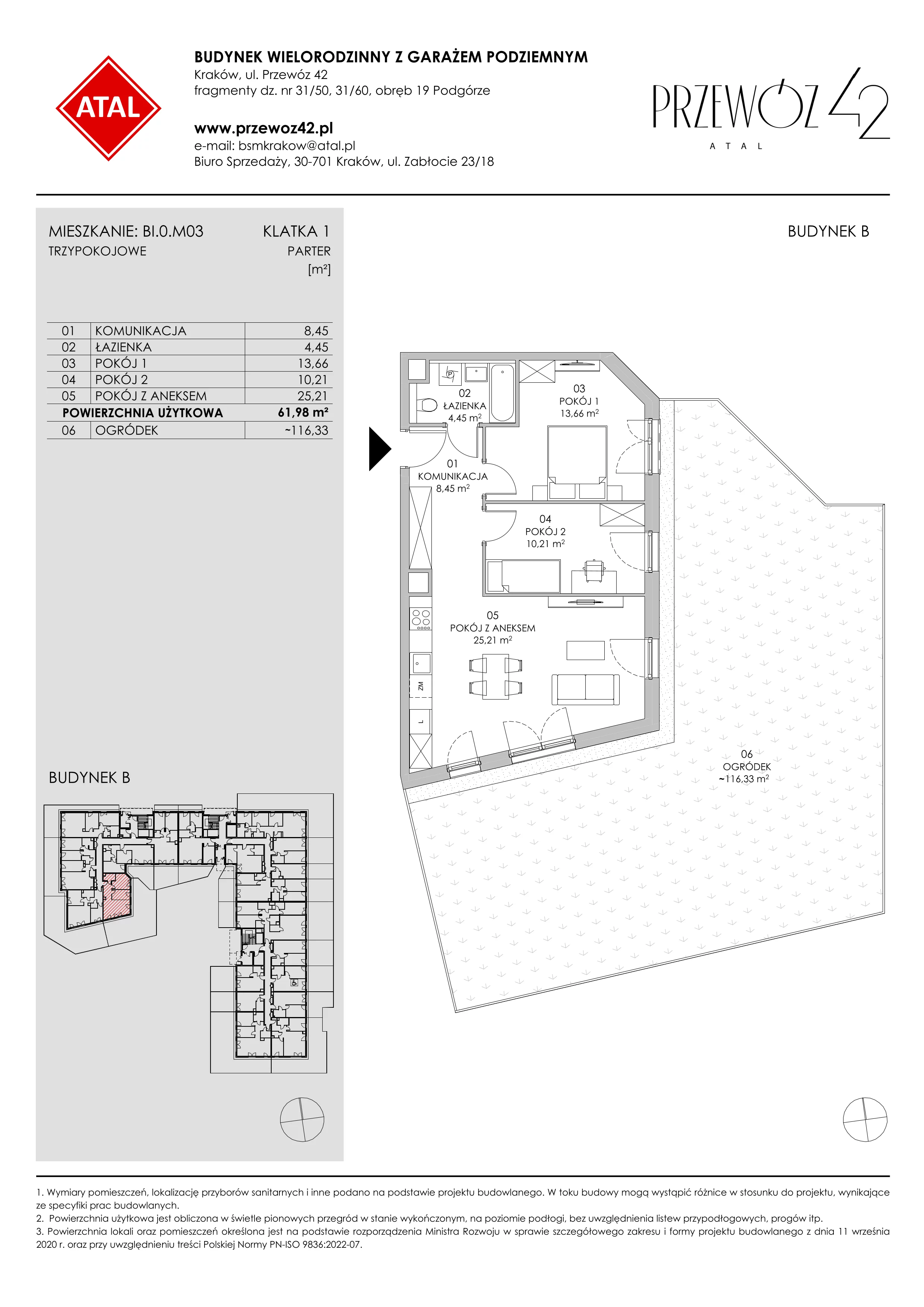 Mieszkanie 61,98 m², parter, oferta nr BI.0.M03, Przewóz 42 ATAL II, Kraków, Podgórze, Płaszów, ul. Przewóz 42