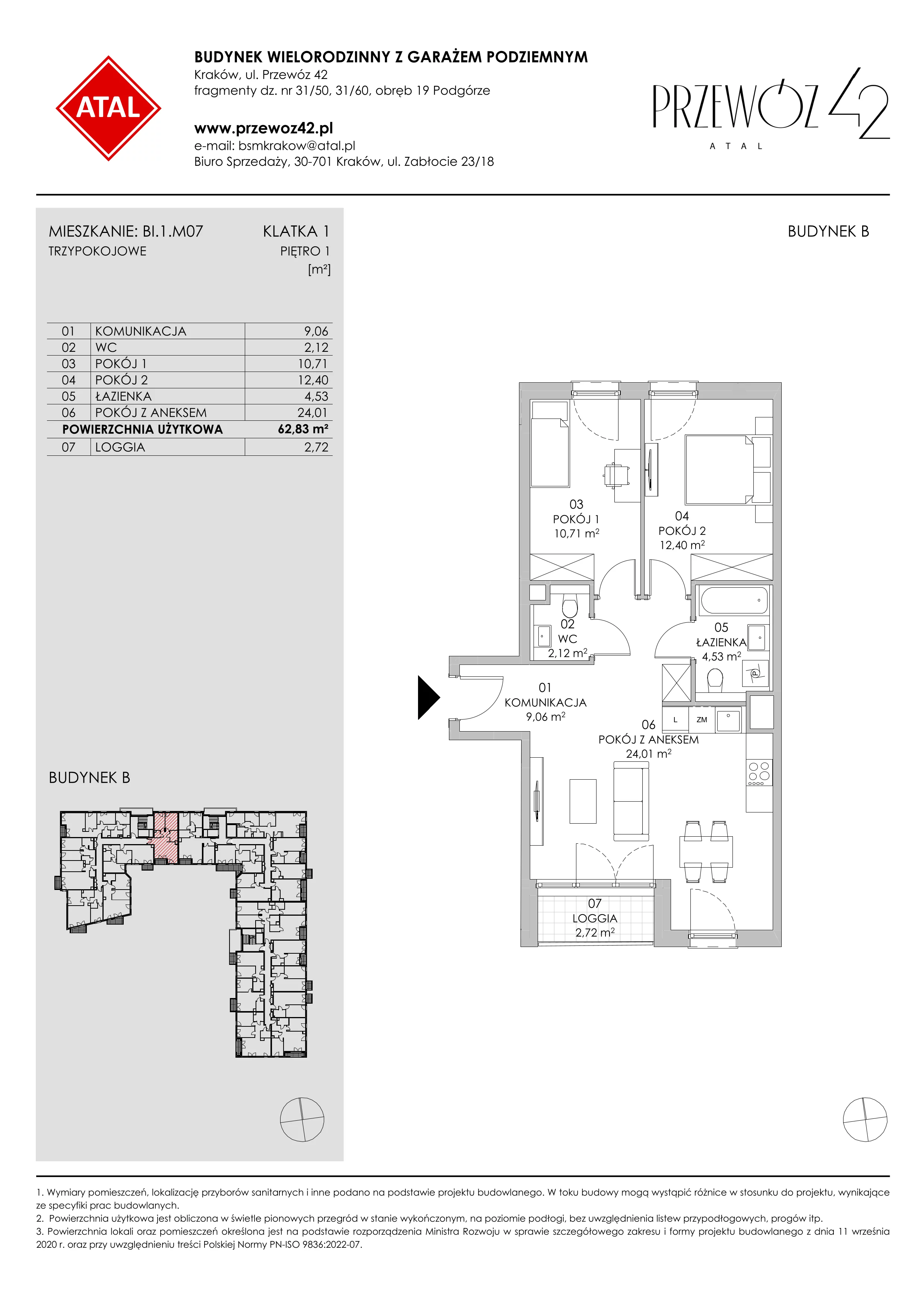 Mieszkanie 62,83 m², piętro 1, oferta nr BI.1.M07, Przewóz 42 ATAL II, Kraków, Podgórze, Płaszów, ul. Przewóz 42