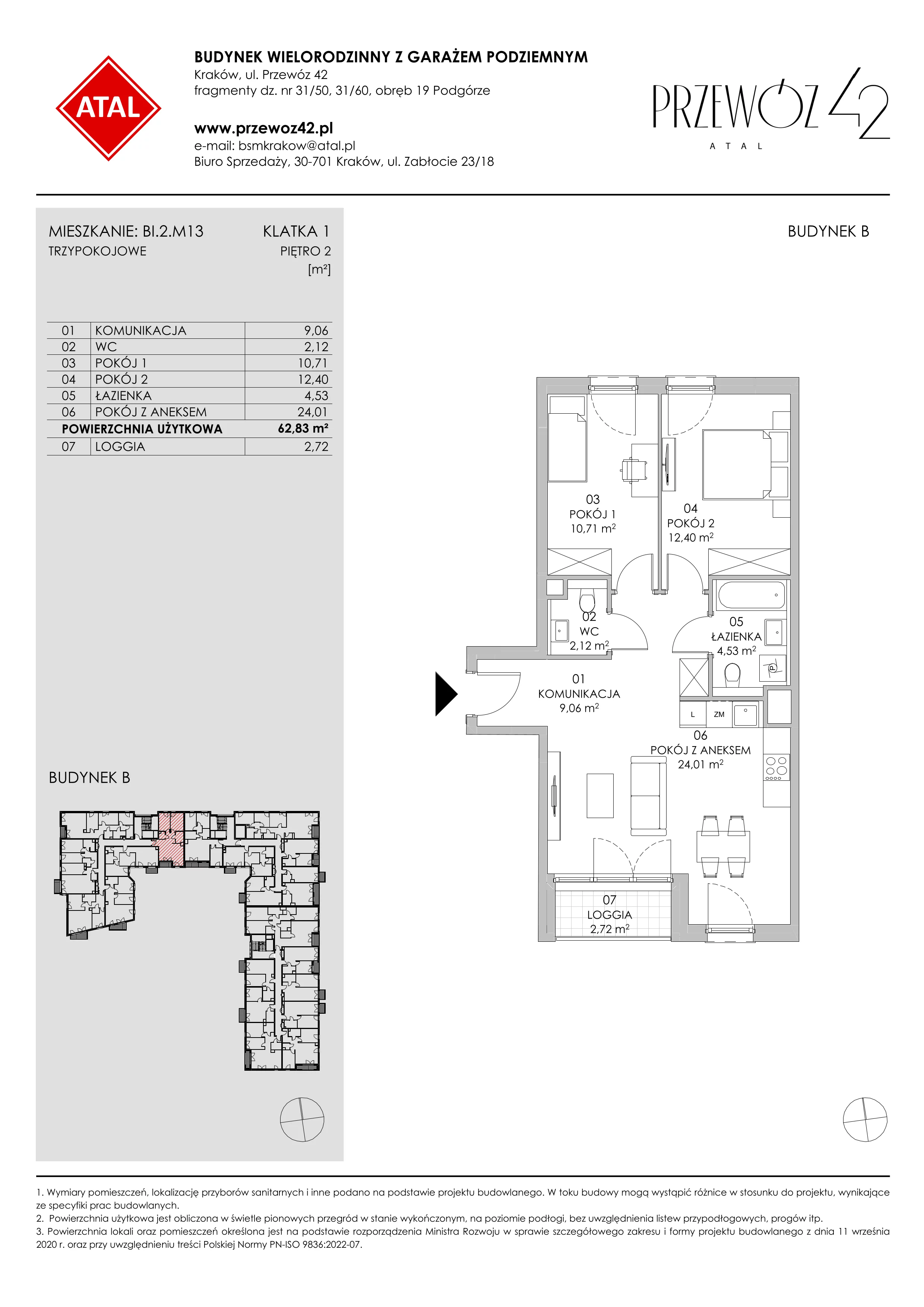 Mieszkanie 62,83 m², piętro 2, oferta nr BI.2.M13, Przewóz 42 ATAL II, Kraków, Podgórze, Płaszów, ul. Przewóz 42