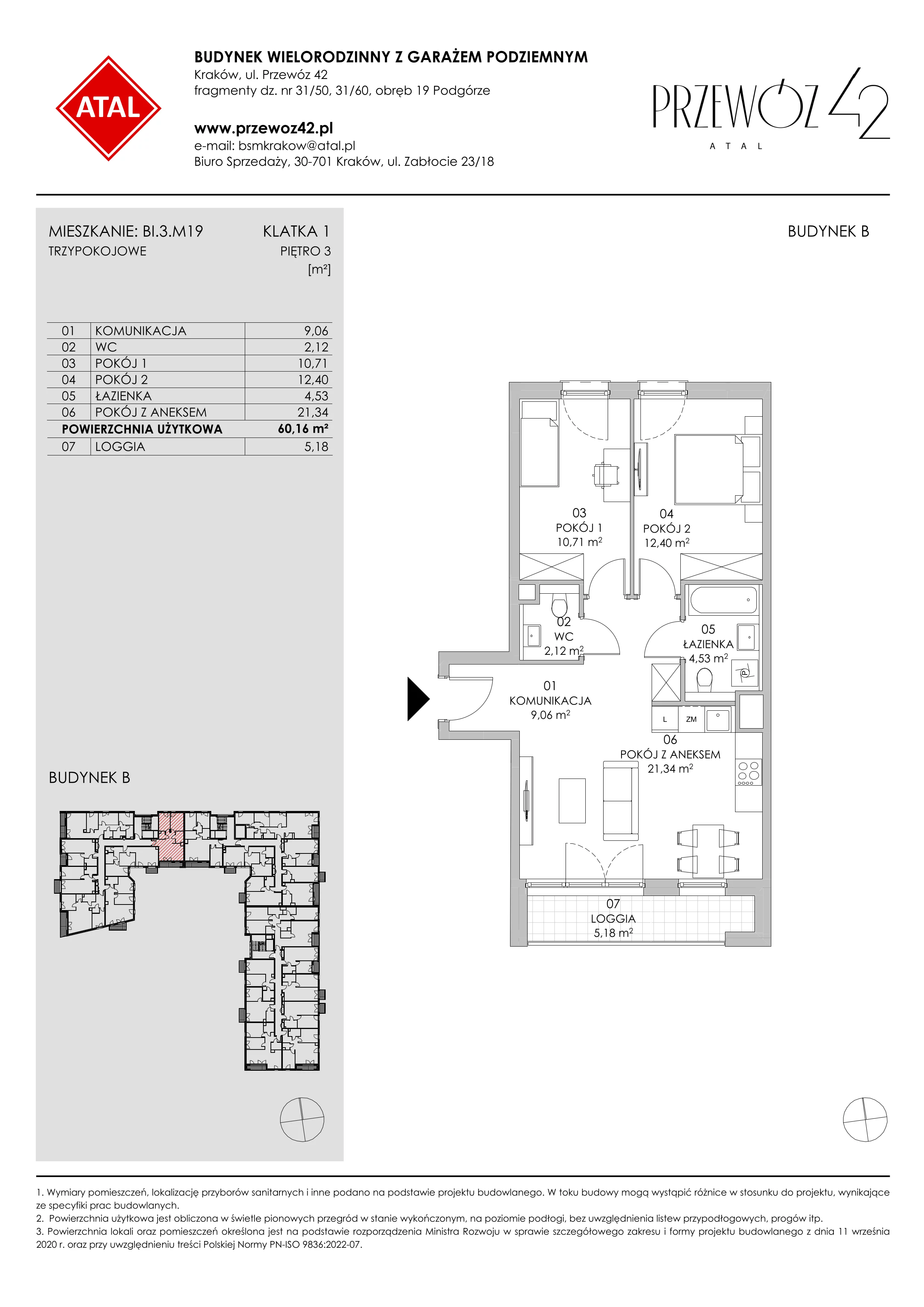 Mieszkanie 60,16 m², piętro 3, oferta nr BI.3.M19, Przewóz 42 ATAL II, Kraków, Podgórze, Płaszów, ul. Przewóz 42