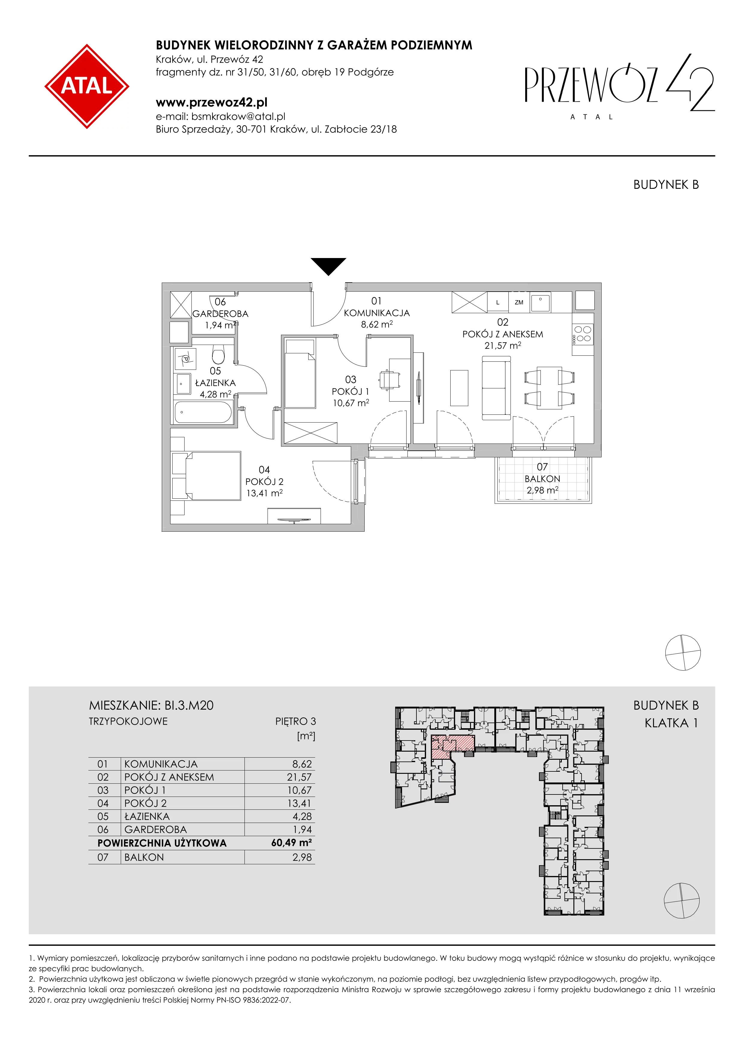 Mieszkanie 60,49 m², piętro 3, oferta nr BI.3.M20, Przewóz 42 ATAL II, Kraków, Podgórze, Płaszów, ul. Przewóz 42