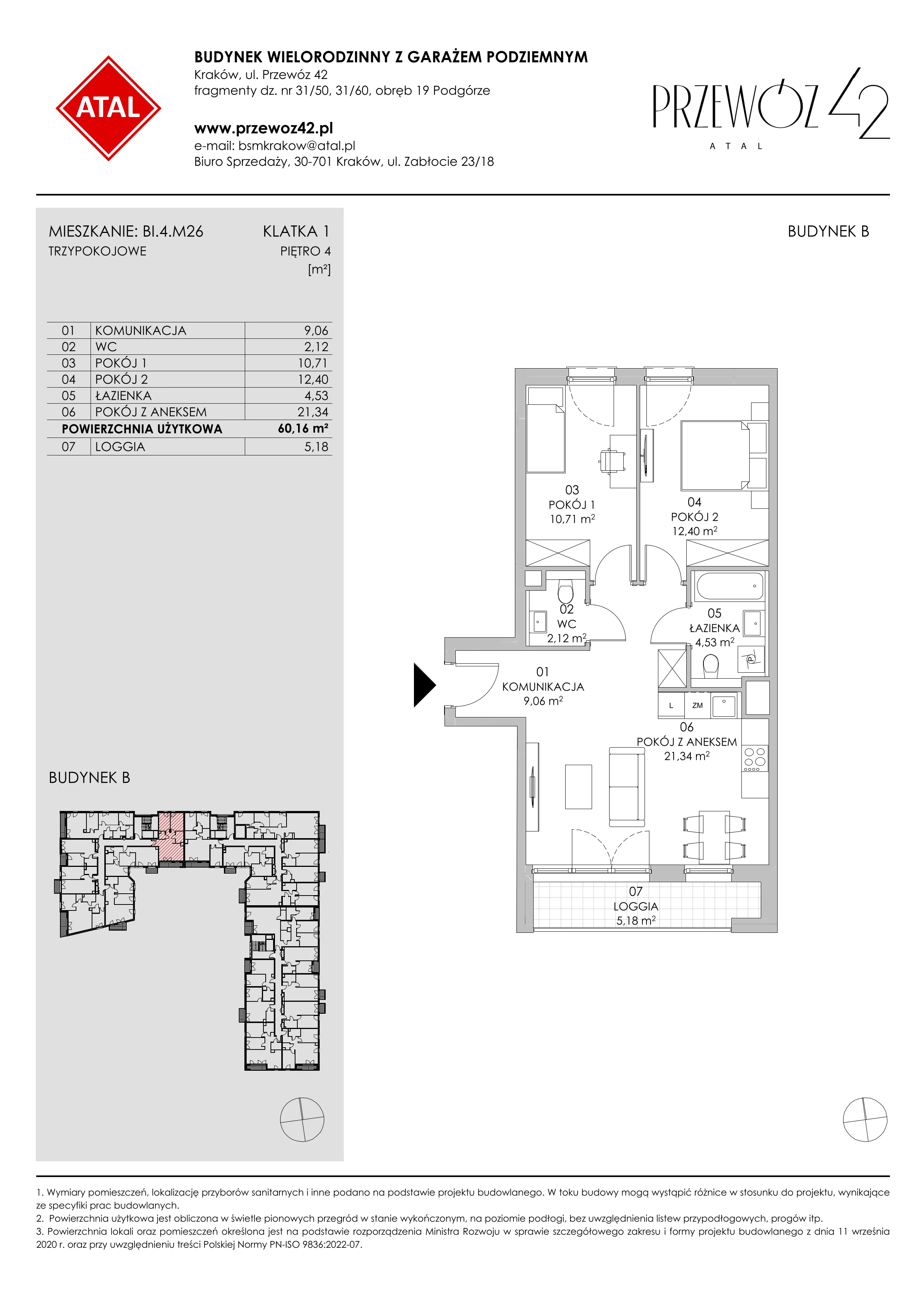 Mieszkanie 60,16 m², piętro 4, oferta nr BI.4.M26, Przewóz 42 ATAL II, Kraków, Podgórze, Płaszów, ul. Przewóz 42