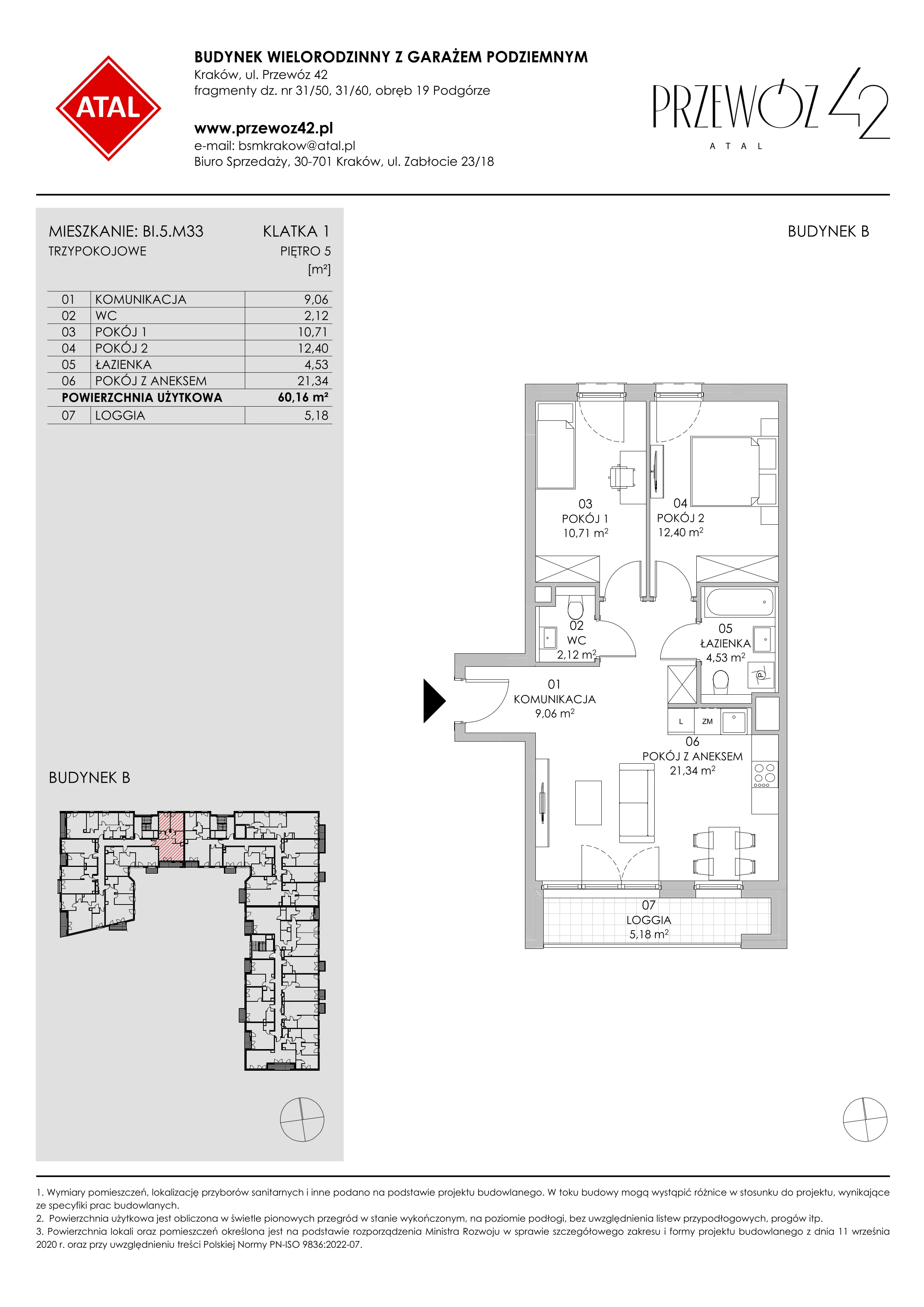 Mieszkanie 60,16 m², piętro 5, oferta nr BI.5.M33, Przewóz 42 ATAL II, Kraków, Podgórze, Płaszów, ul. Przewóz 42