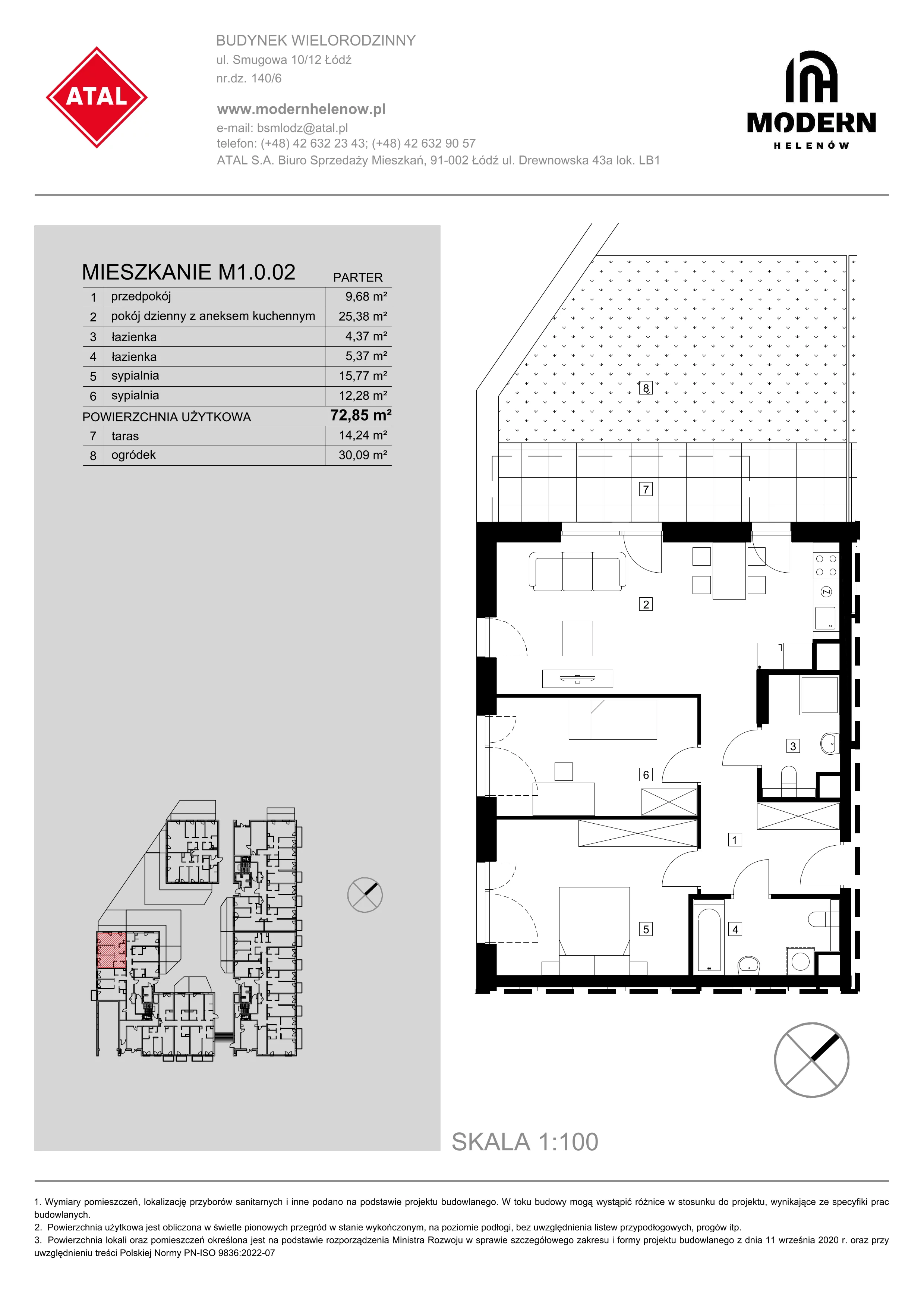 Mieszkanie 72,85 m², parter, oferta nr M1.0.02, Modern Helenów, Łódź, Bałuty, Helenów, ul. Smugowa 10/12