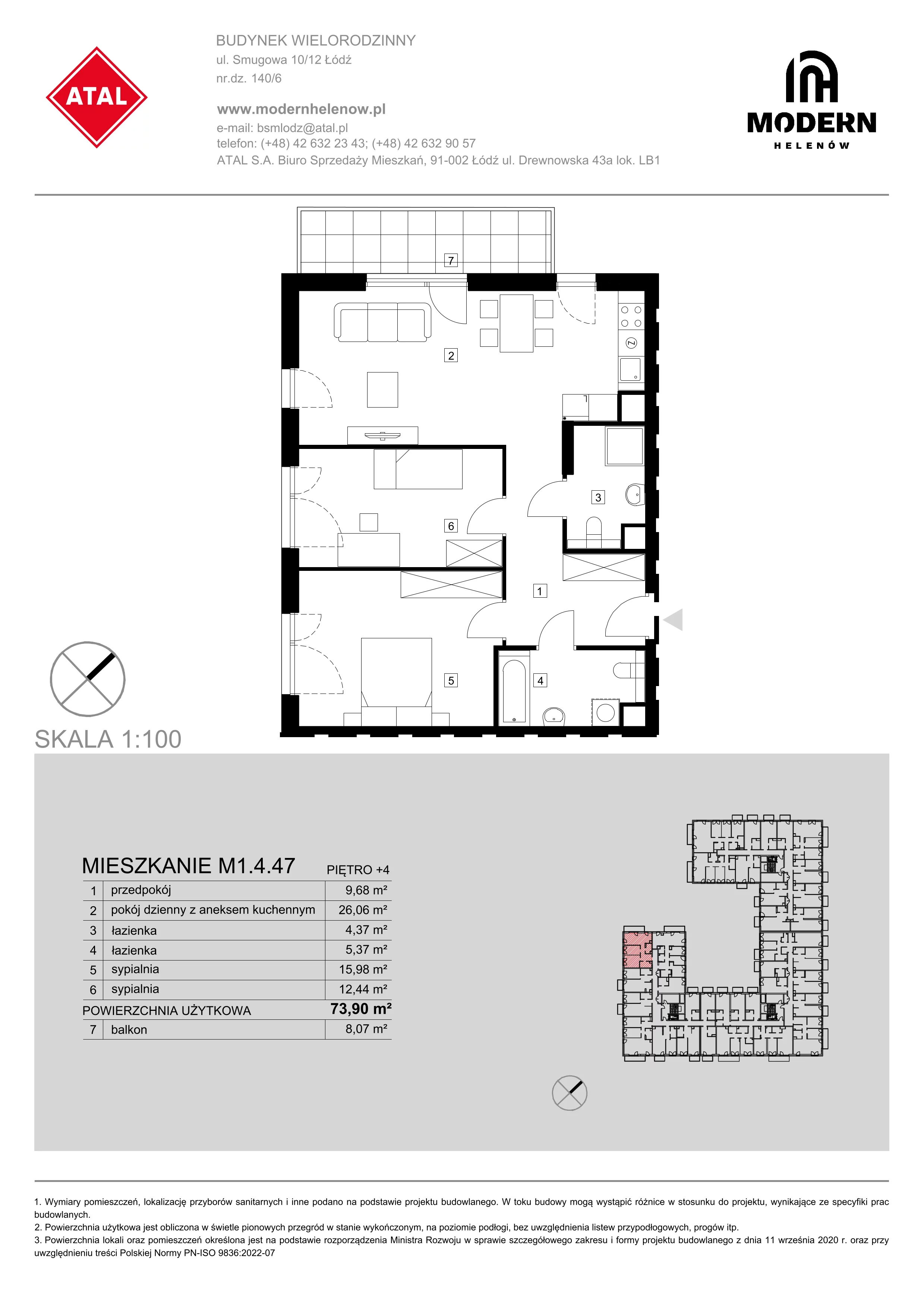 Mieszkanie 73,90 m², piętro 4, oferta nr M1.4.47, Modern Helenów, Łódź, Bałuty, Helenów, ul. Smugowa 10/12