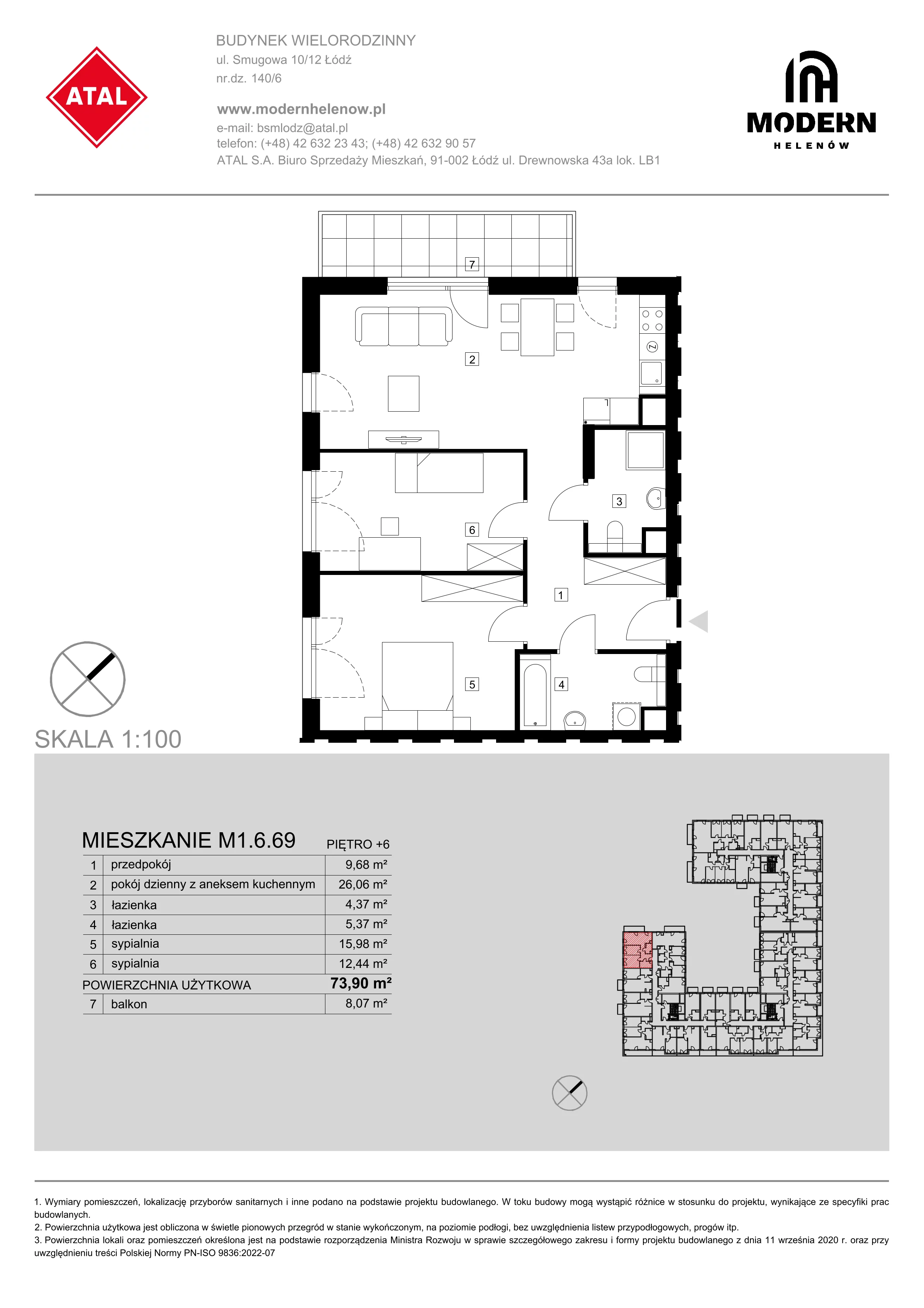 Mieszkanie 73,90 m², piętro 6, oferta nr M1.6.69, Modern Helenów, Łódź, Bałuty, Helenów, ul. Smugowa 10/12