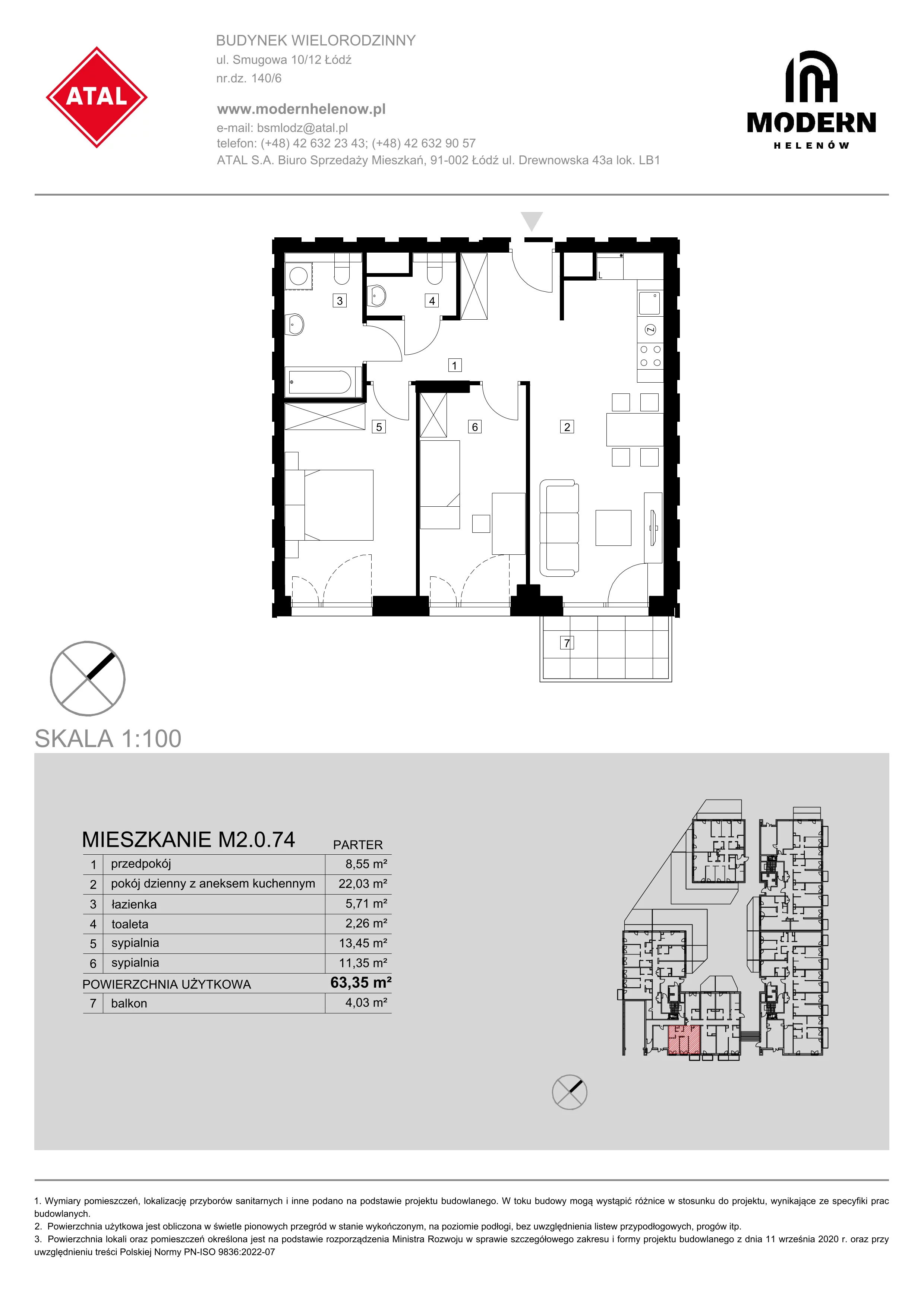 Mieszkanie 63,35 m², parter, oferta nr M2.0.74, Modern Helenów, Łódź, Bałuty, Helenów, ul. Smugowa 10/12