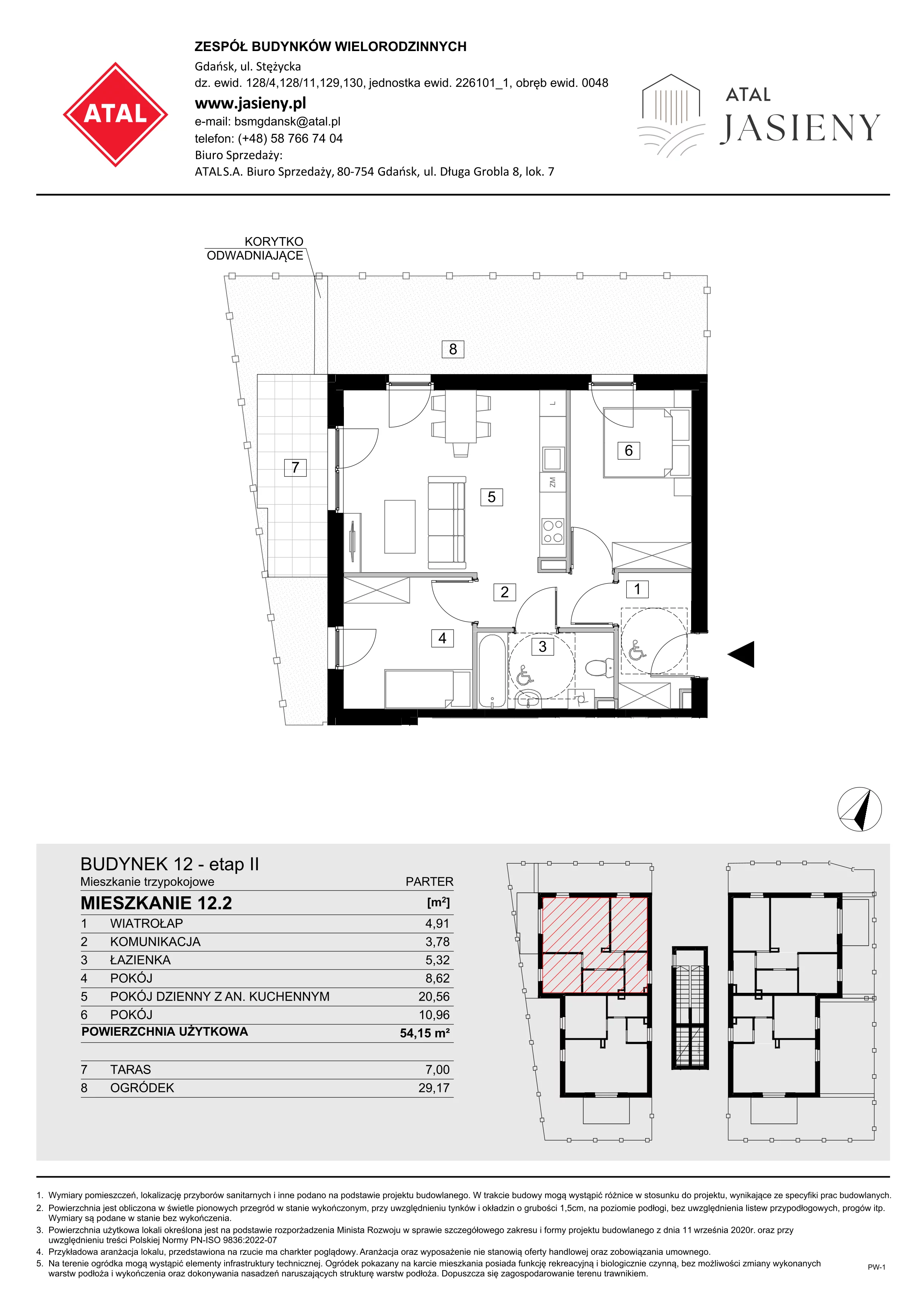 3 pokoje, mieszkanie 54,15 m², parter, oferta nr 12.2, ATAL Jasieny, Gdańsk, Jasień, ul. Stężycka