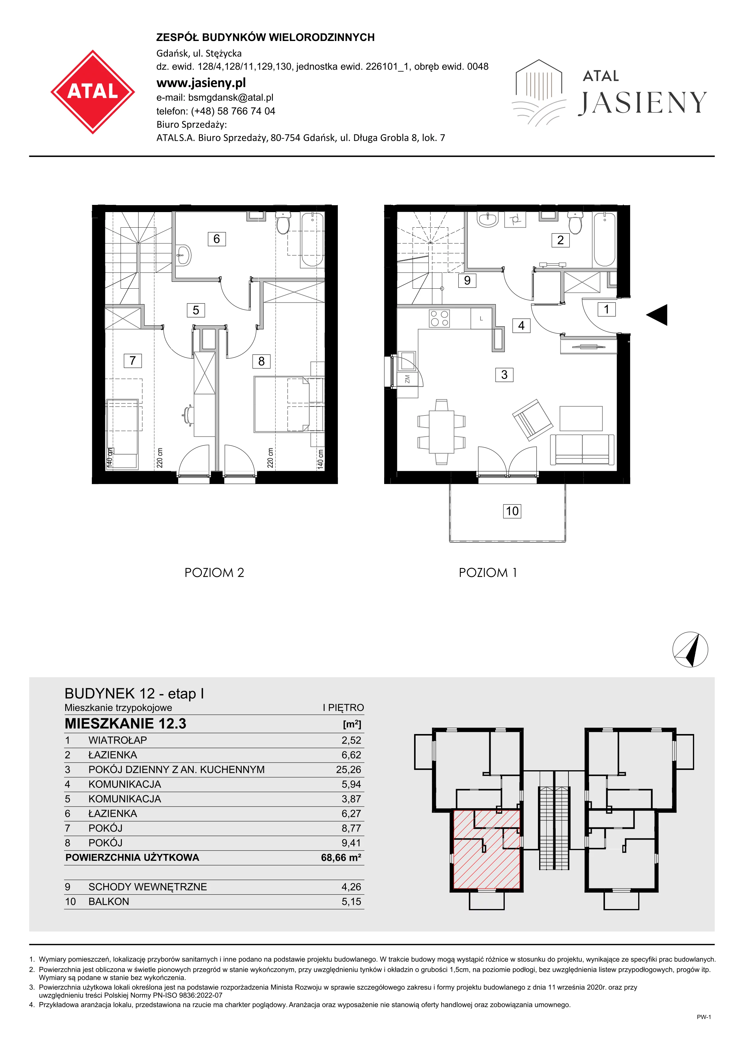3 pokoje, mieszkanie 68,66 m², piętro 1, oferta nr 12.3, ATAL Jasieny, Gdańsk, Jasień, ul. Stężycka