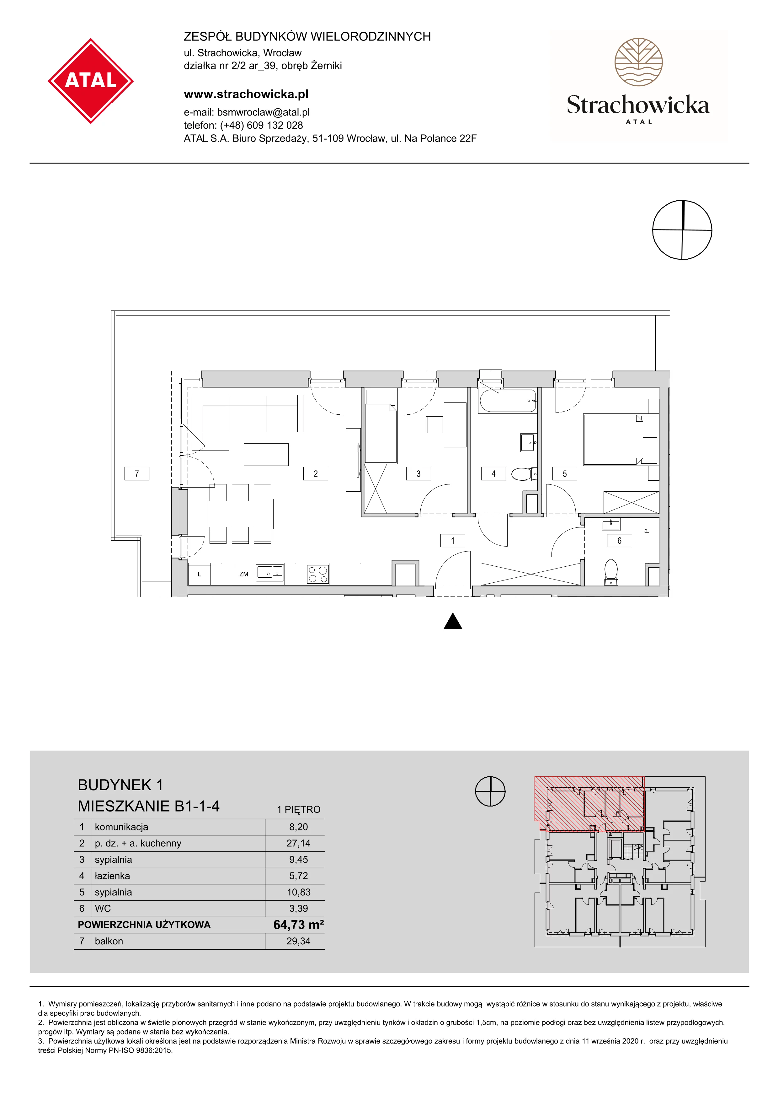 Mieszkanie 64,73 m², piętro 1, oferta nr B1-1-4, ATAL Strachowicka, Wrocław, Żerniki, Fabryczna, ul. Strachowicka