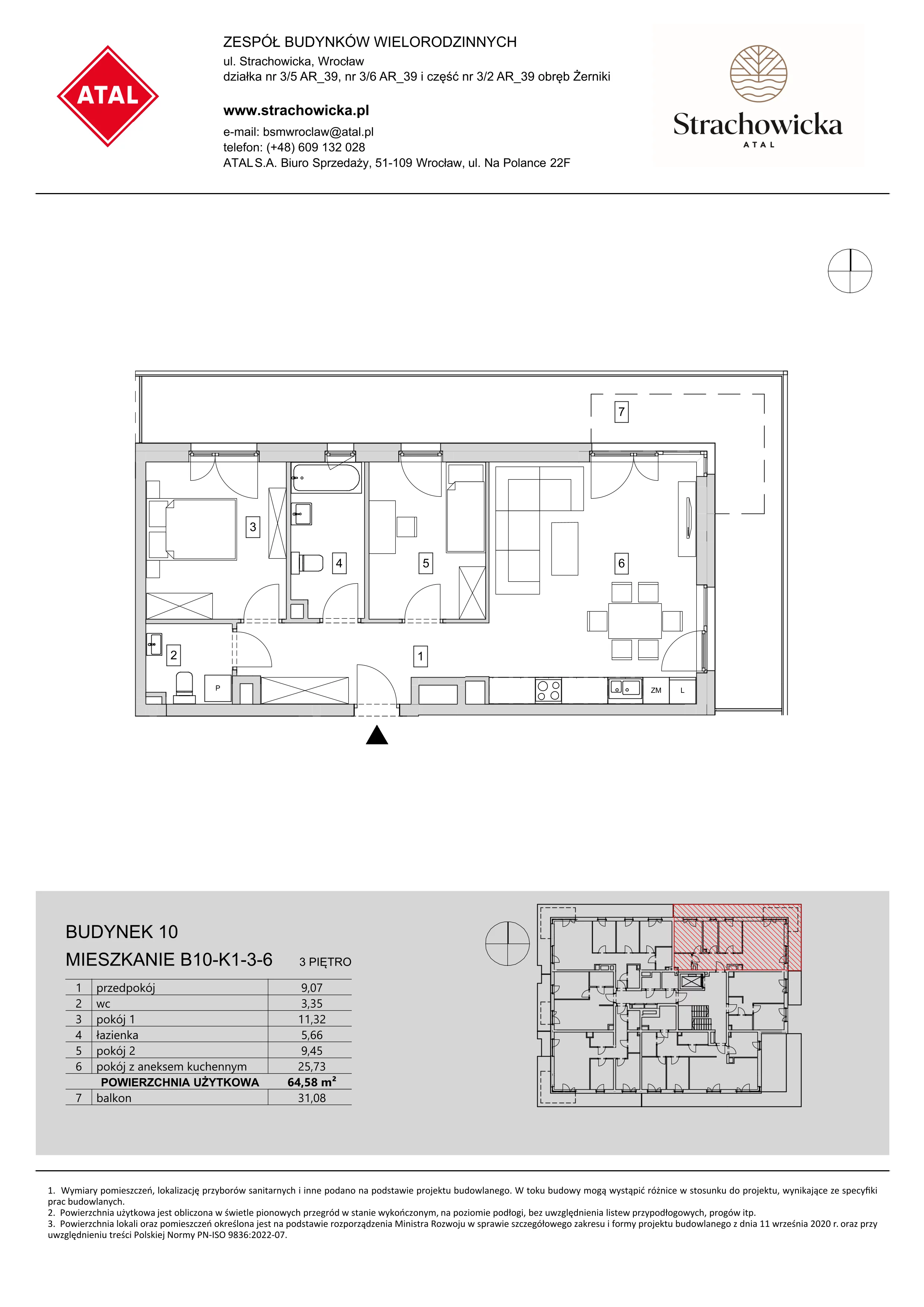 Mieszkanie 64,58 m², piętro 3, oferta nr B10-K1-3-6, ATAL Strachowicka, Wrocław, Żerniki, Fabryczna, ul. Strachowicka