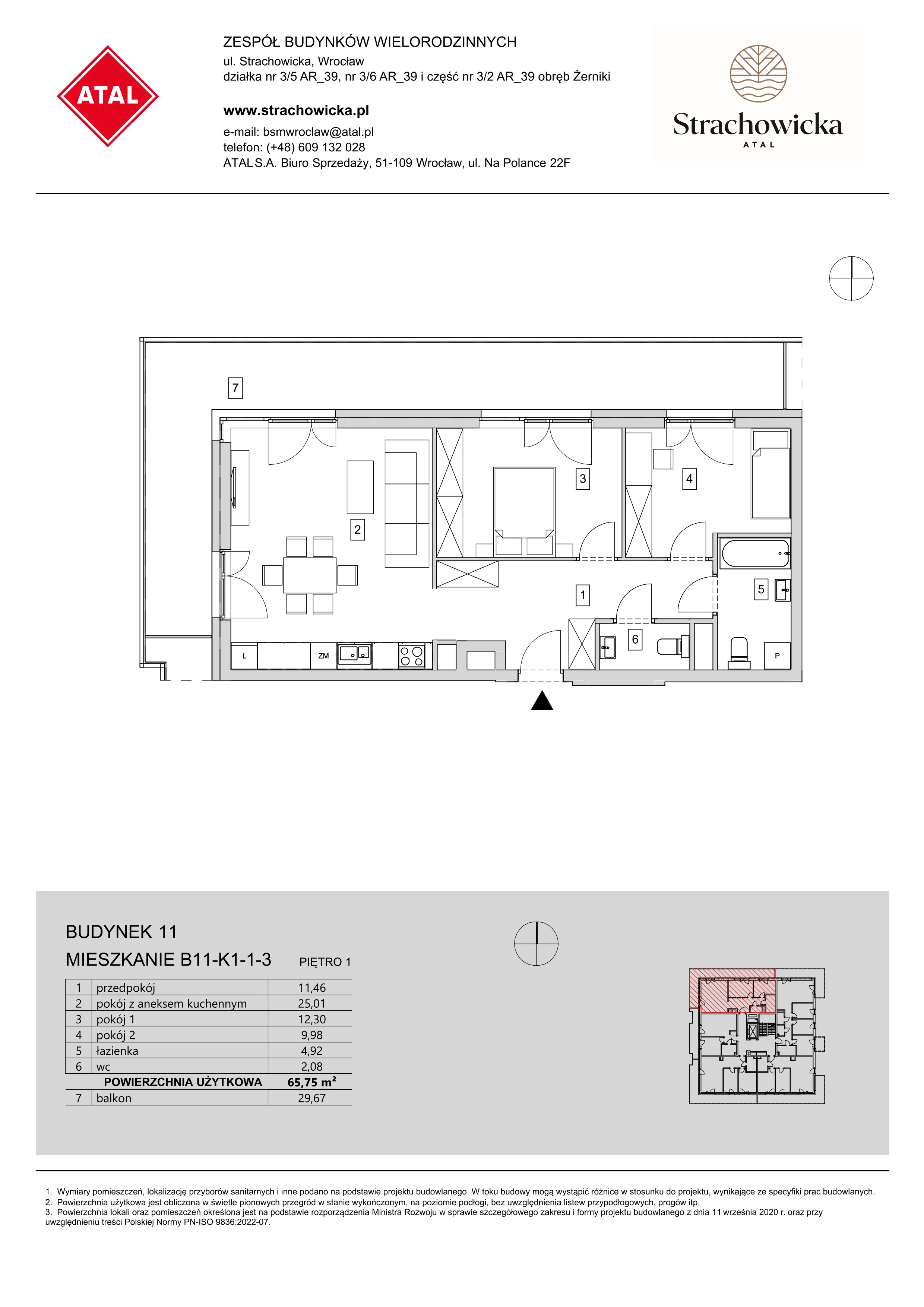 Mieszkanie 65,75 m², piętro 1, oferta nr B11-K1-1-3, ATAL Strachowicka, Wrocław, Żerniki, Fabryczna, ul. Strachowicka