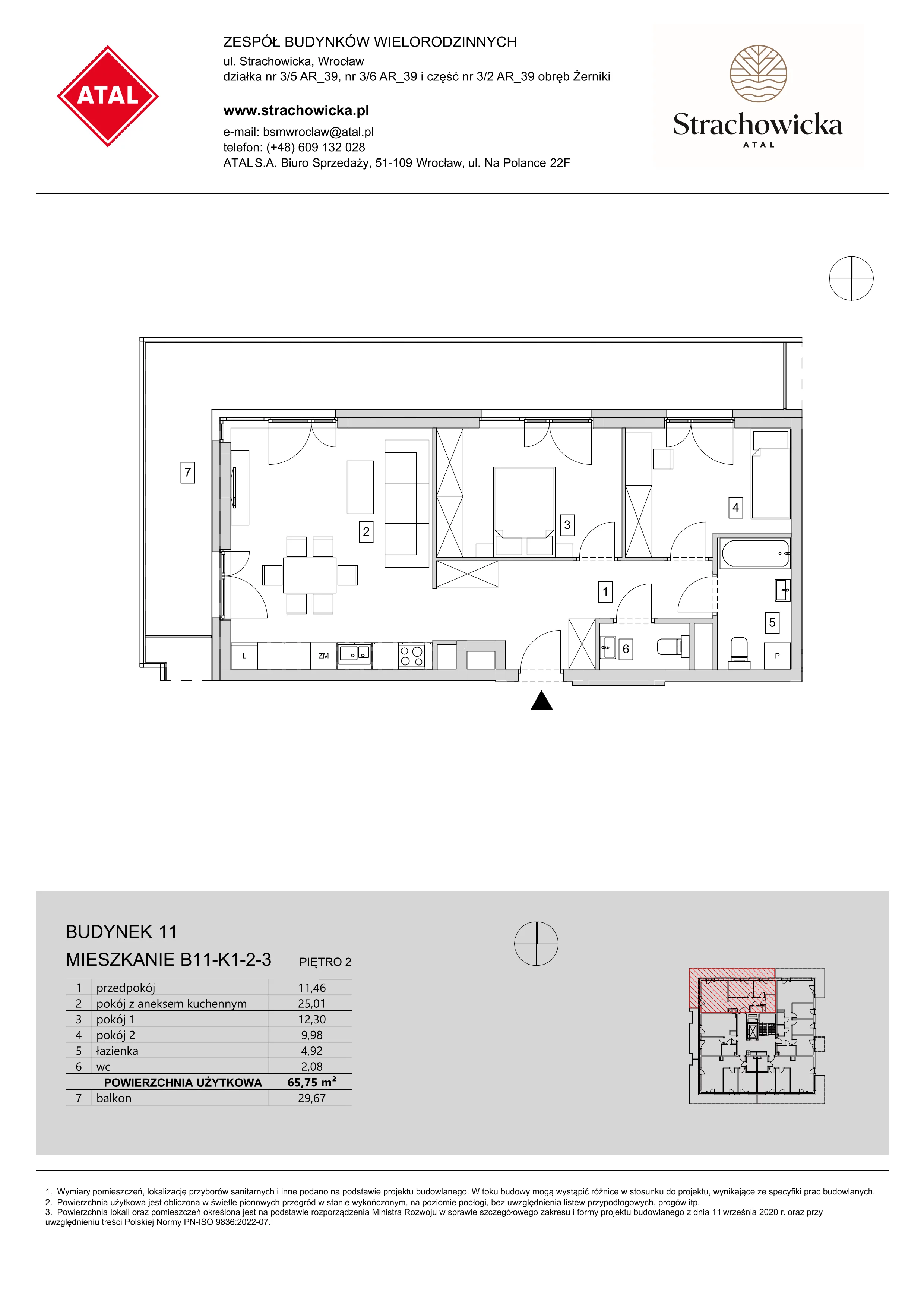 Mieszkanie 65,75 m², piętro 2, oferta nr B11-K1-2-3, ATAL Strachowicka, Wrocław, Żerniki, Fabryczna, ul. Strachowicka