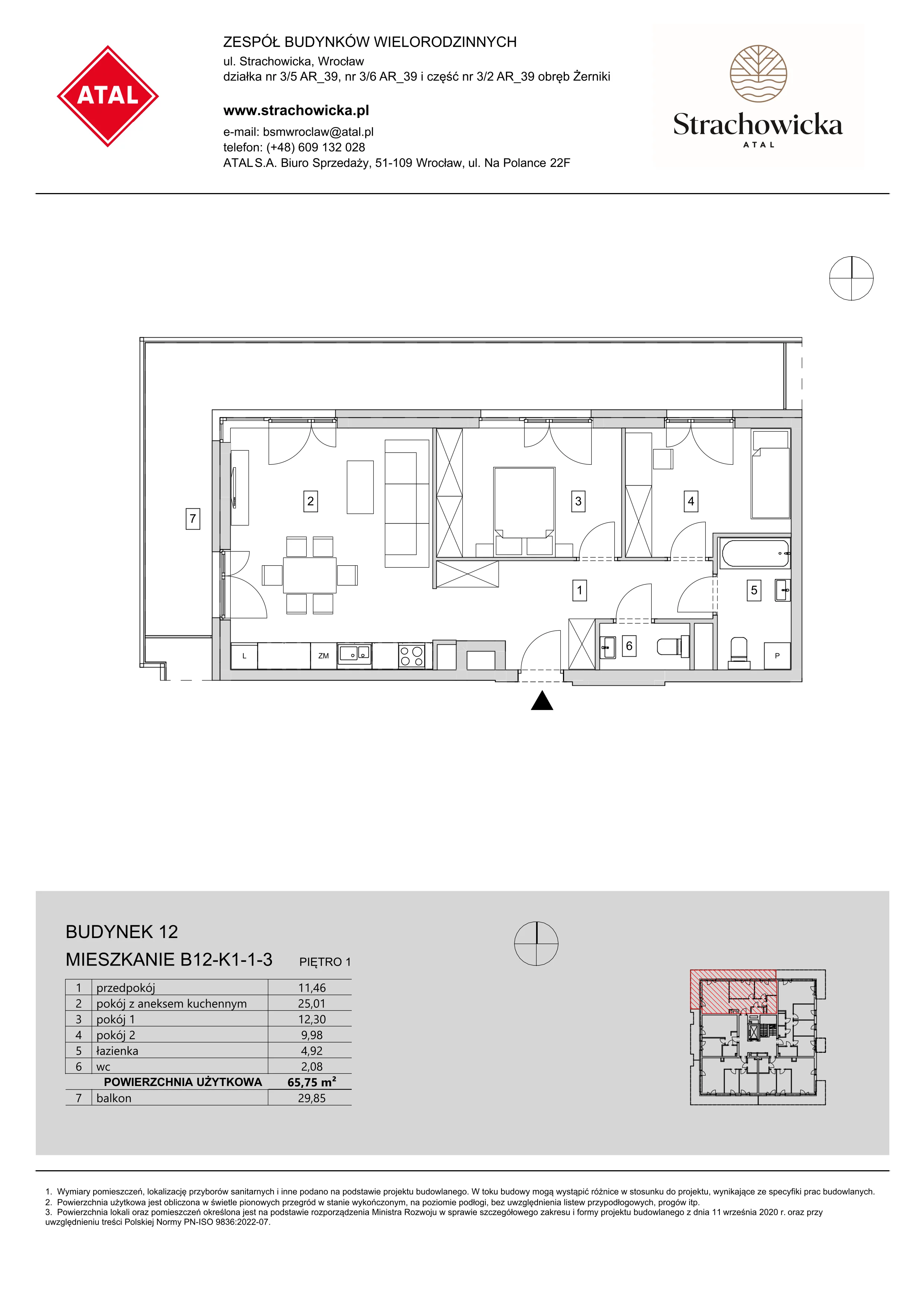 Mieszkanie 65,75 m², piętro 1, oferta nr B12-K1-1-3, ATAL Strachowicka, Wrocław, Żerniki, Fabryczna, ul. Strachowicka