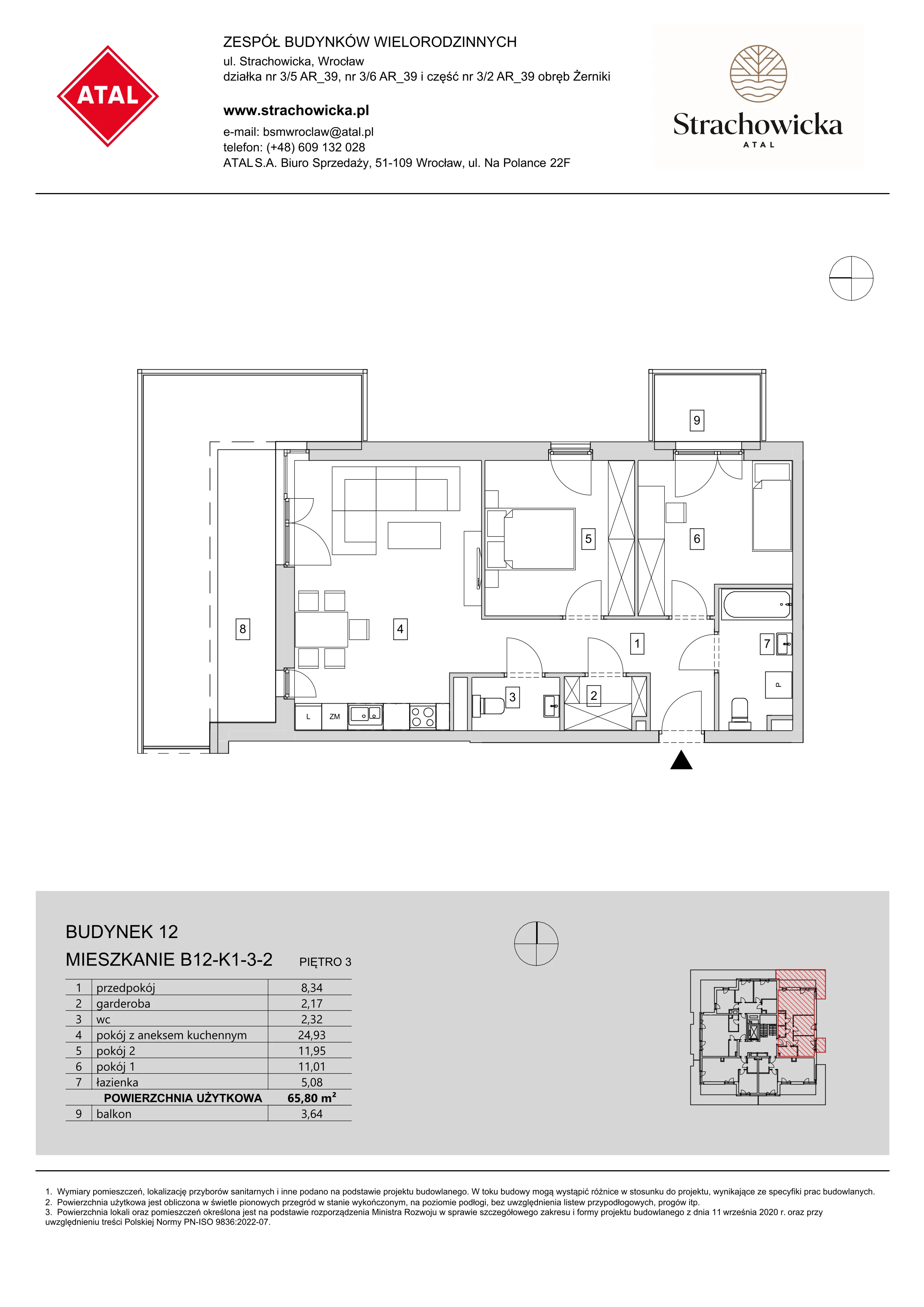 Mieszkanie 65,80 m², piętro 3, oferta nr B12-K1-3-2, ATAL Strachowicka, Wrocław, Żerniki, Fabryczna, ul. Strachowicka