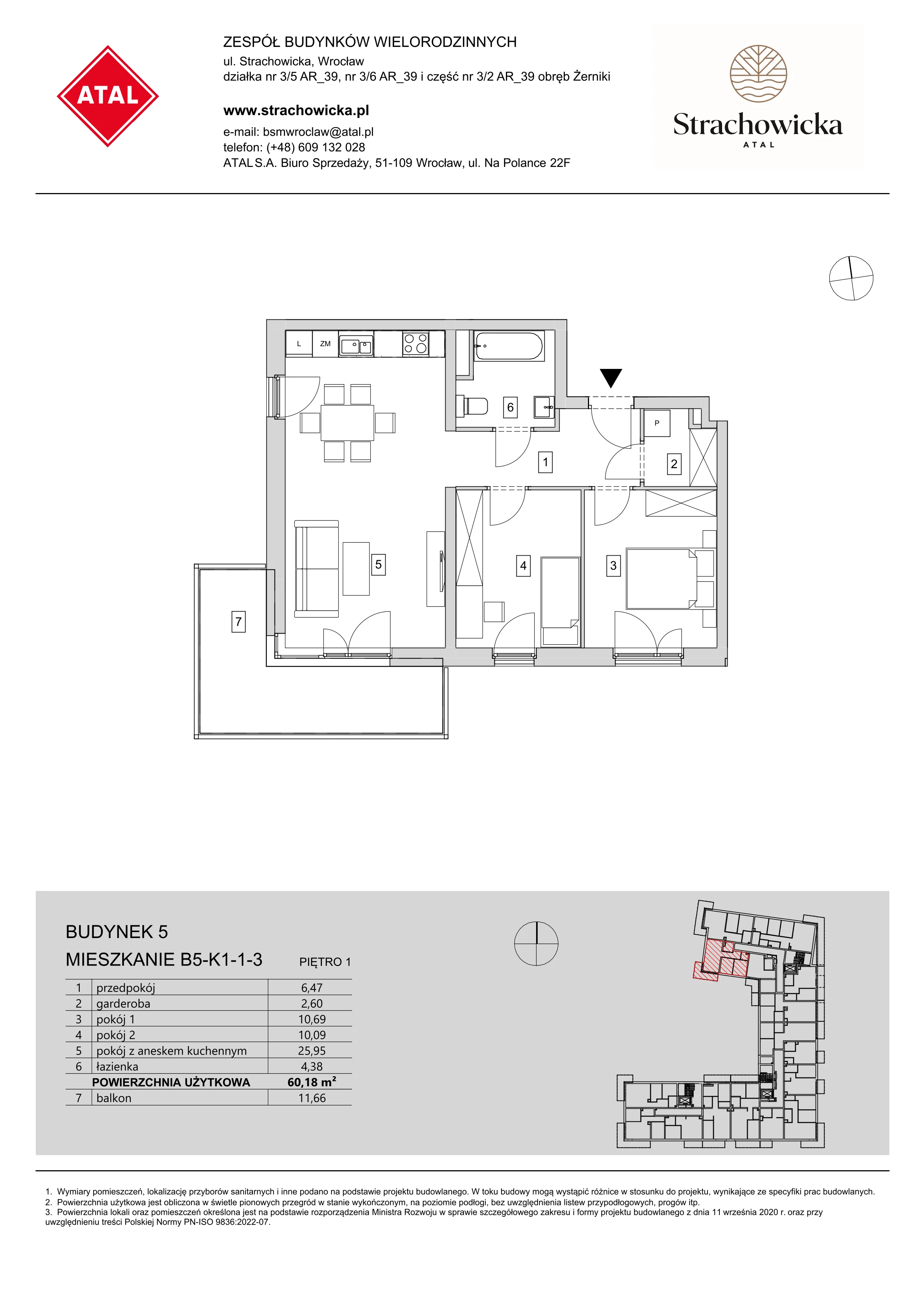 Mieszkanie 60,18 m², piętro 1, oferta nr B5-K1-1-3, ATAL Strachowicka, Wrocław, Żerniki, Fabryczna, ul. Strachowicka