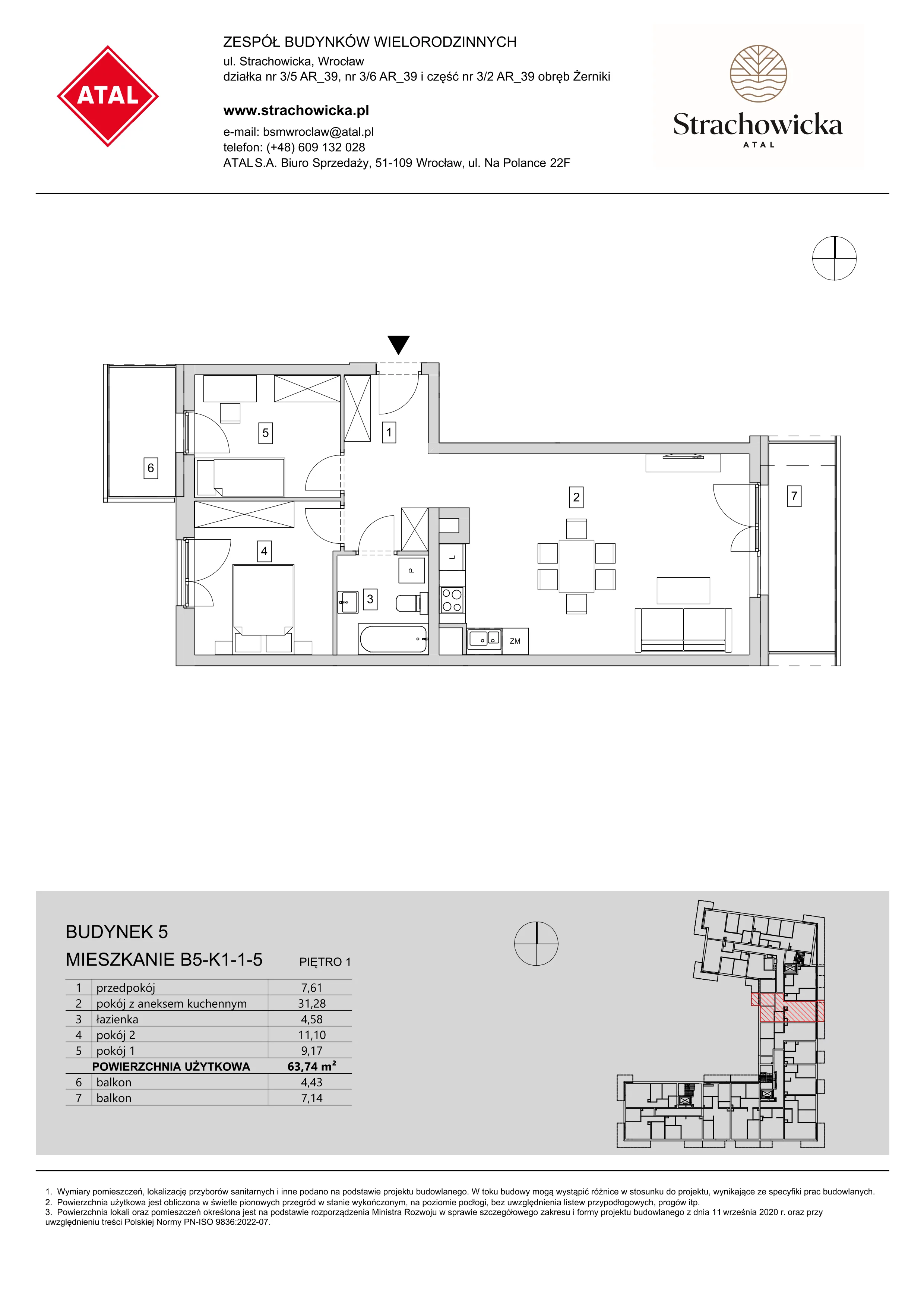 Mieszkanie 63,74 m², piętro 1, oferta nr B5-K1-1-5, ATAL Strachowicka, Wrocław, Żerniki, Fabryczna, ul. Strachowicka