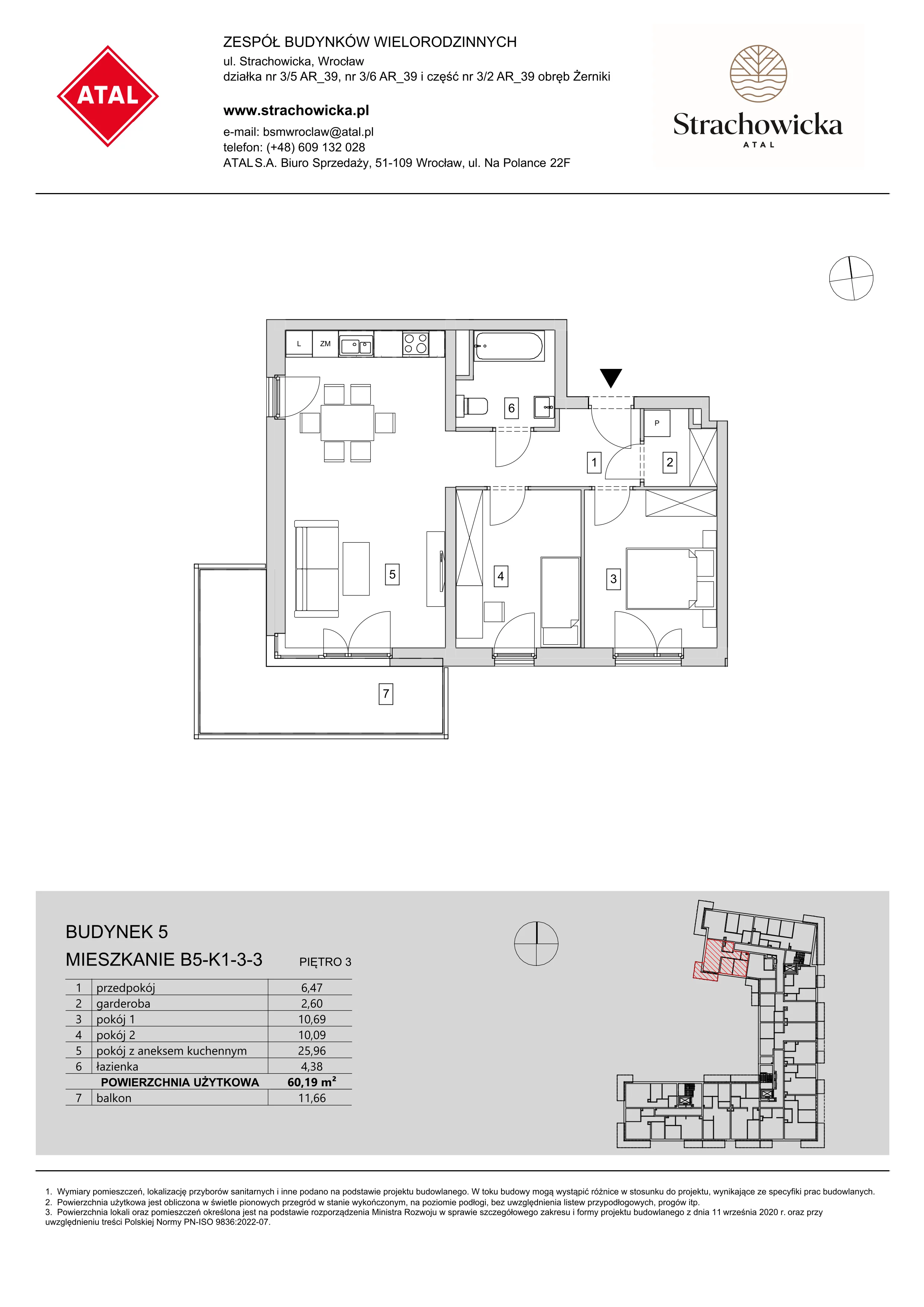 Mieszkanie 60,19 m², piętro 3, oferta nr B5-K1-3-3, ATAL Strachowicka, Wrocław, Żerniki, Fabryczna, ul. Strachowicka