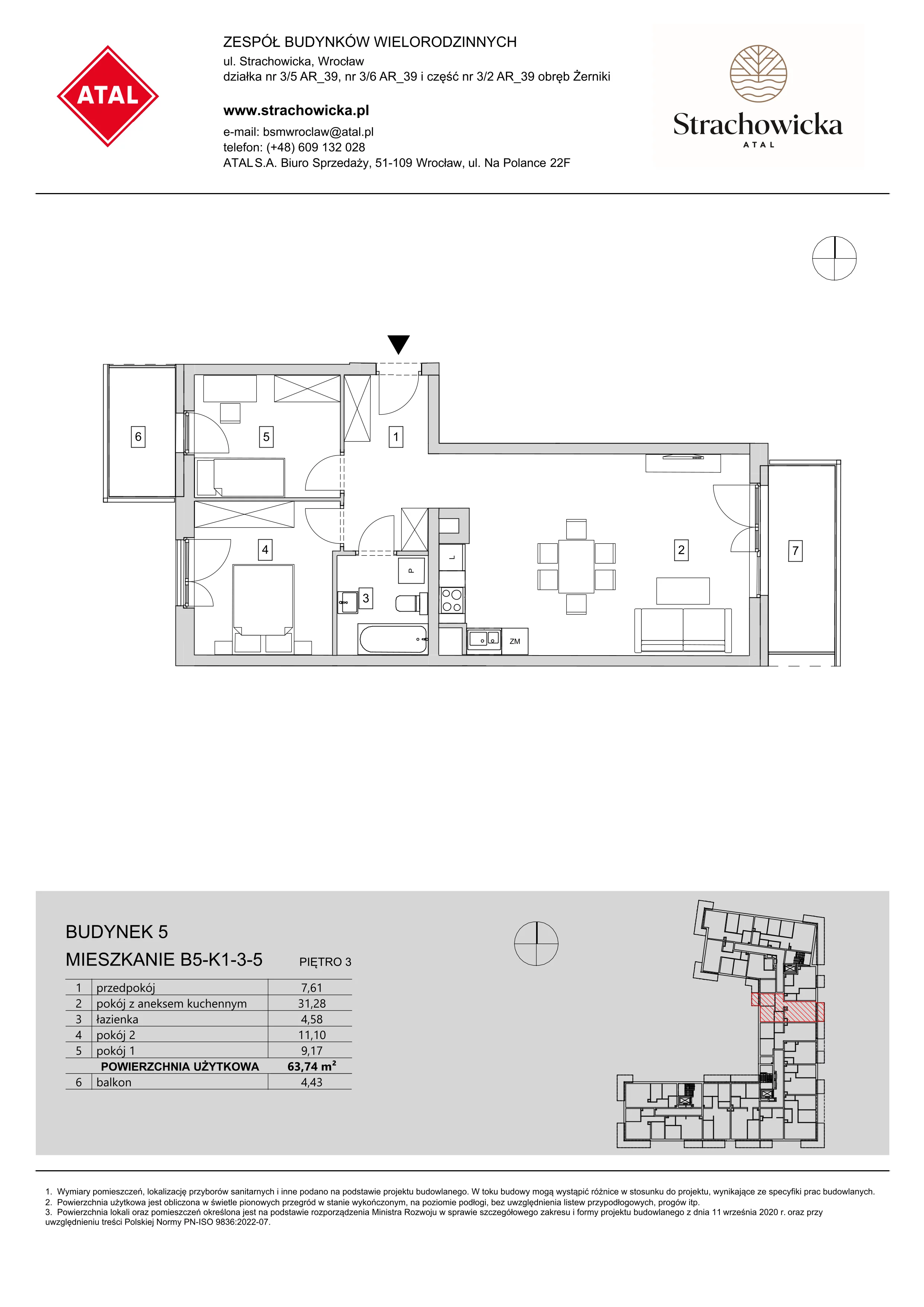 Mieszkanie 63,74 m², piętro 3, oferta nr B5-K1-3-5, ATAL Strachowicka, Wrocław, Żerniki, Fabryczna, ul. Strachowicka