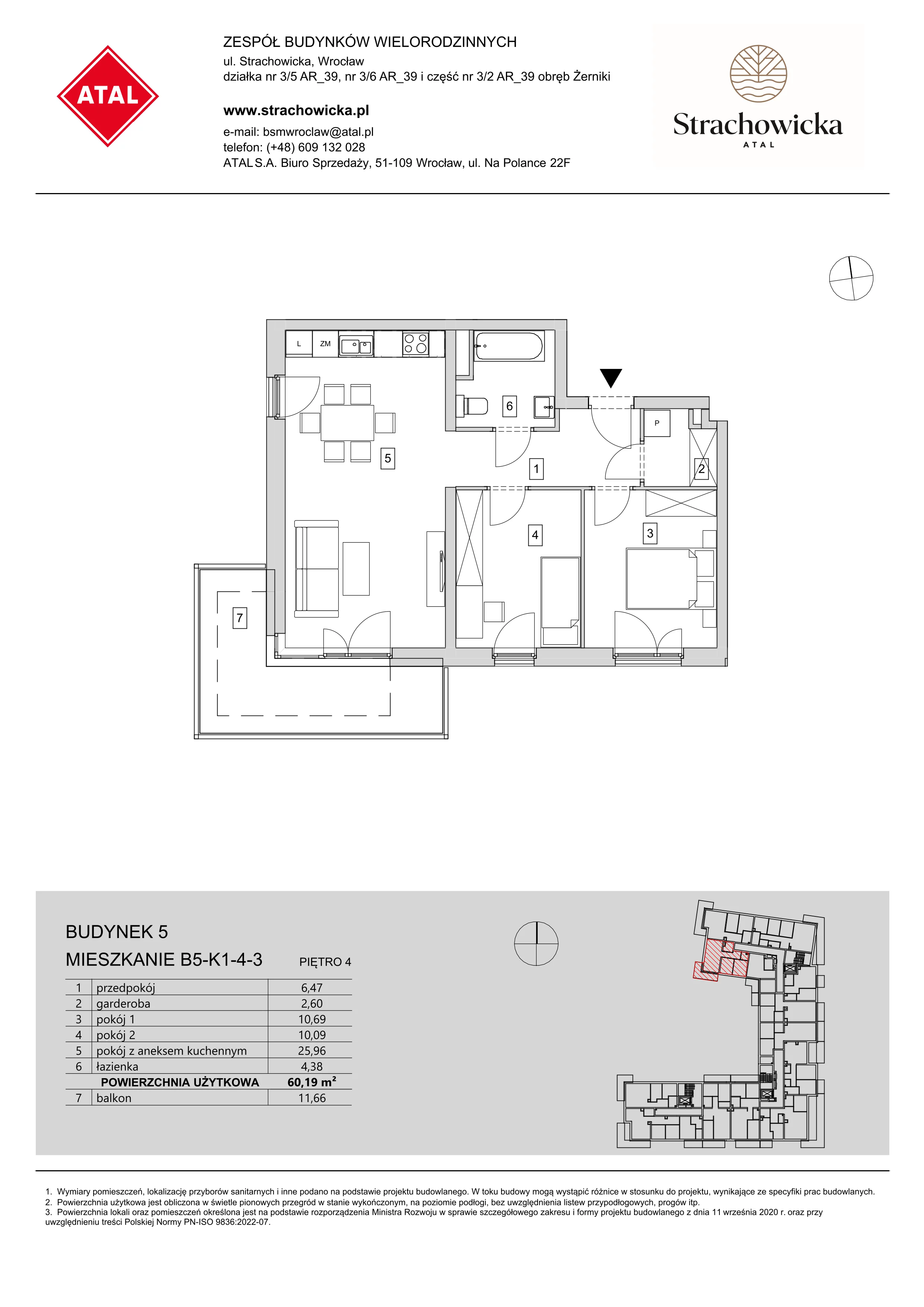 Mieszkanie 60,19 m², piętro 4, oferta nr B5-K1-4-3, ATAL Strachowicka, Wrocław, Żerniki, Fabryczna, ul. Strachowicka