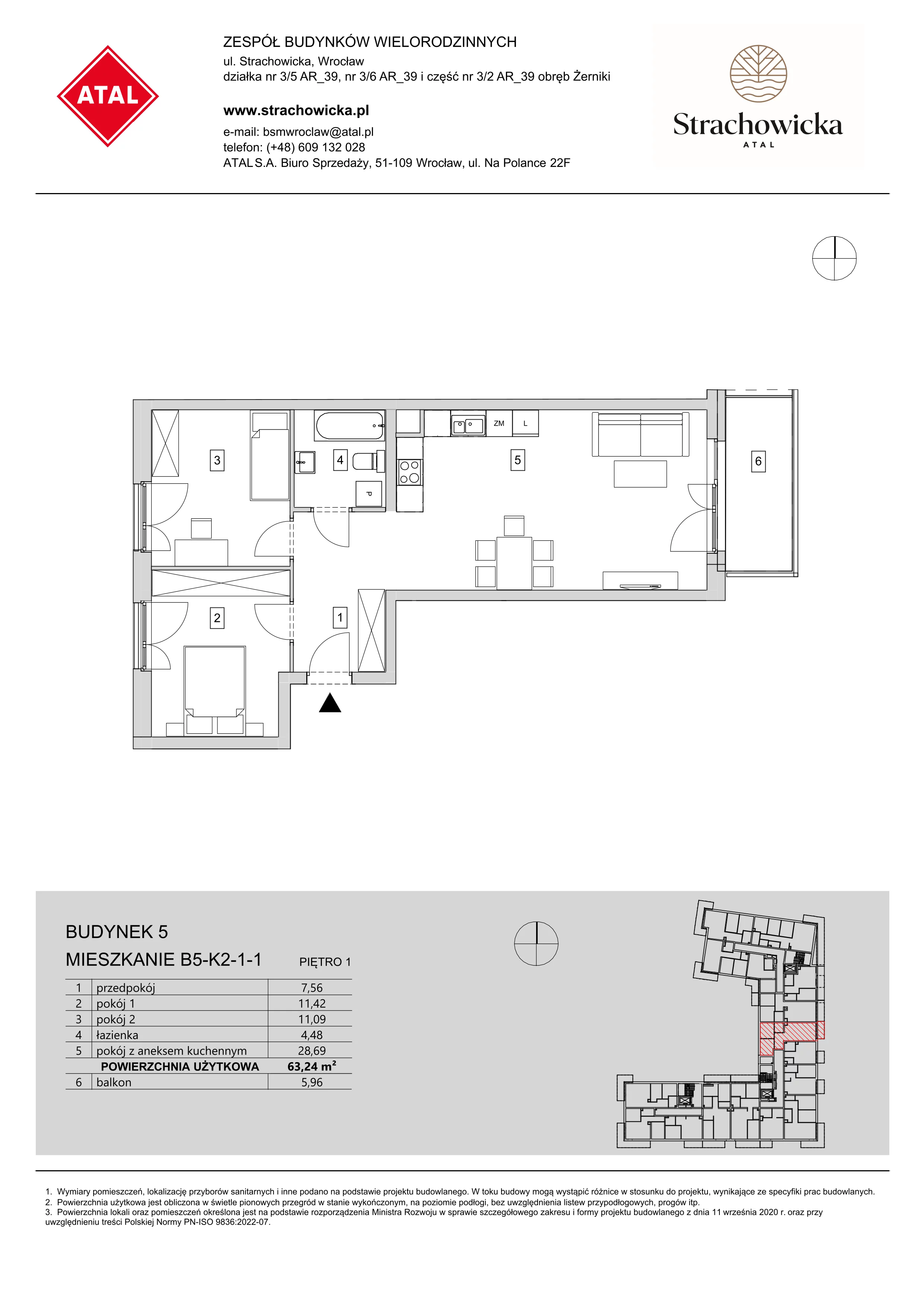 Mieszkanie 63,24 m², piętro 1, oferta nr B5-K2-1-1, ATAL Strachowicka, Wrocław, Żerniki, Fabryczna, ul. Strachowicka